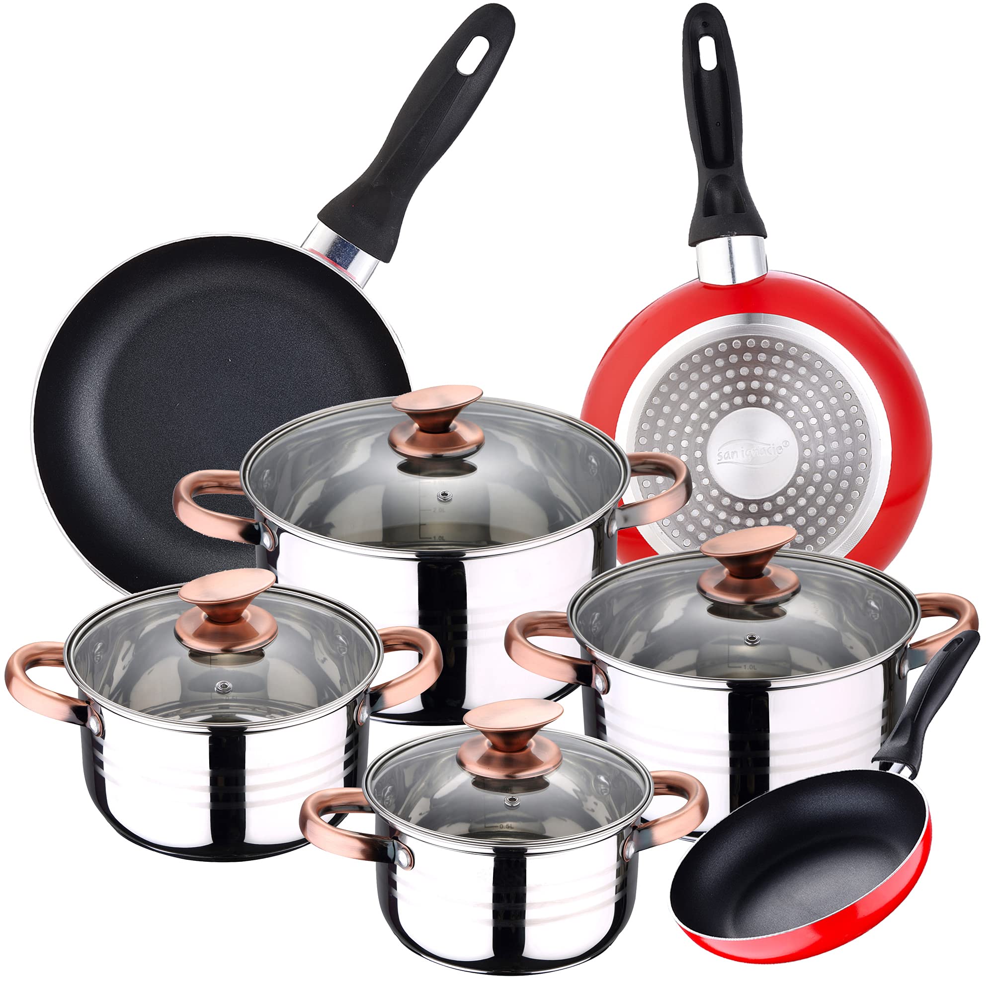San Ignacio Bateria 8pc acero inoxidable apta para inducción + 3 sartenes 16/20/24 cm, Color Rosa, PK3379