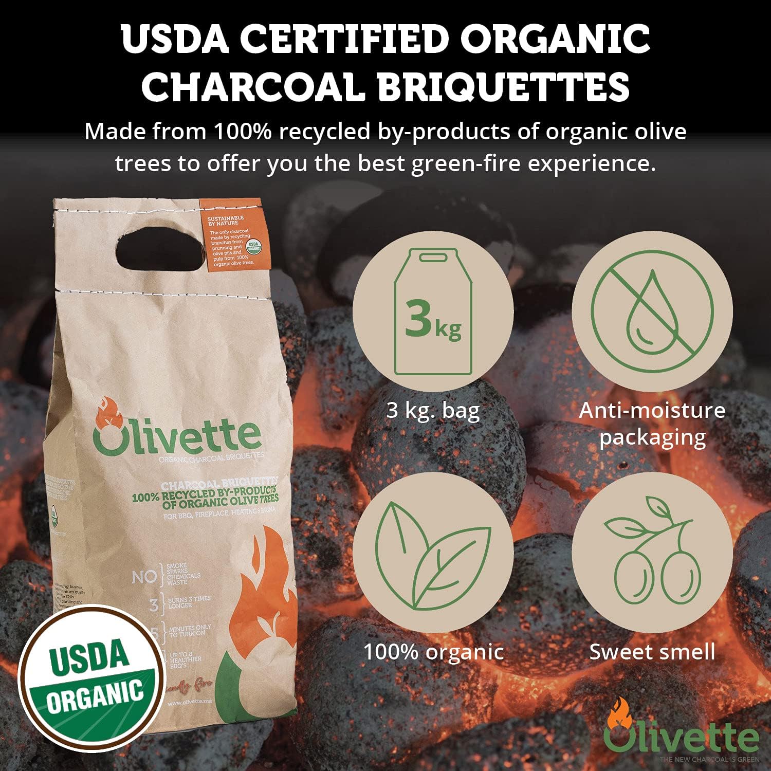 Olivette Organic Charcoal Briquettes for Grilling BBQ, USDA Organic Certified | 100% Recycled Olive Tree Byproducts : Patio, Lawn & Garden
