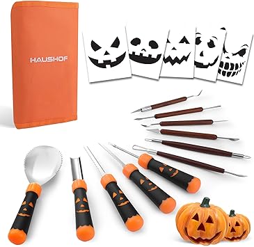 HAUSHOF Pumpkin Carving Tools with Stencils, 11PCS Halloween Pumpkin Carving Kit Professional Knives Set with Case, Halloween Gifts for Halloween Decorations