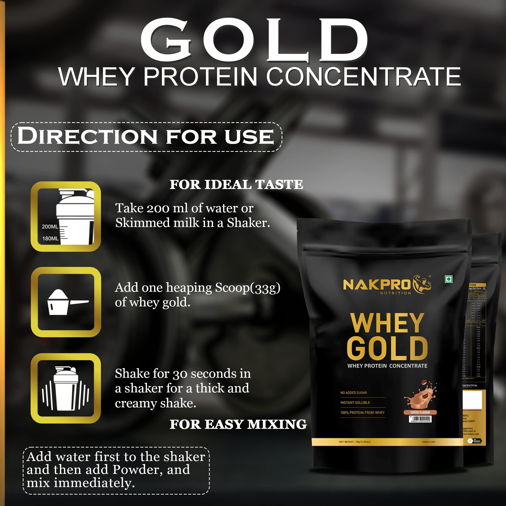 NAKPRO NUTRITION Gold Whey Protein Concentrate & Isolate 1kg Coffee flavour | 25.5g Protein, Trustified Certified 3