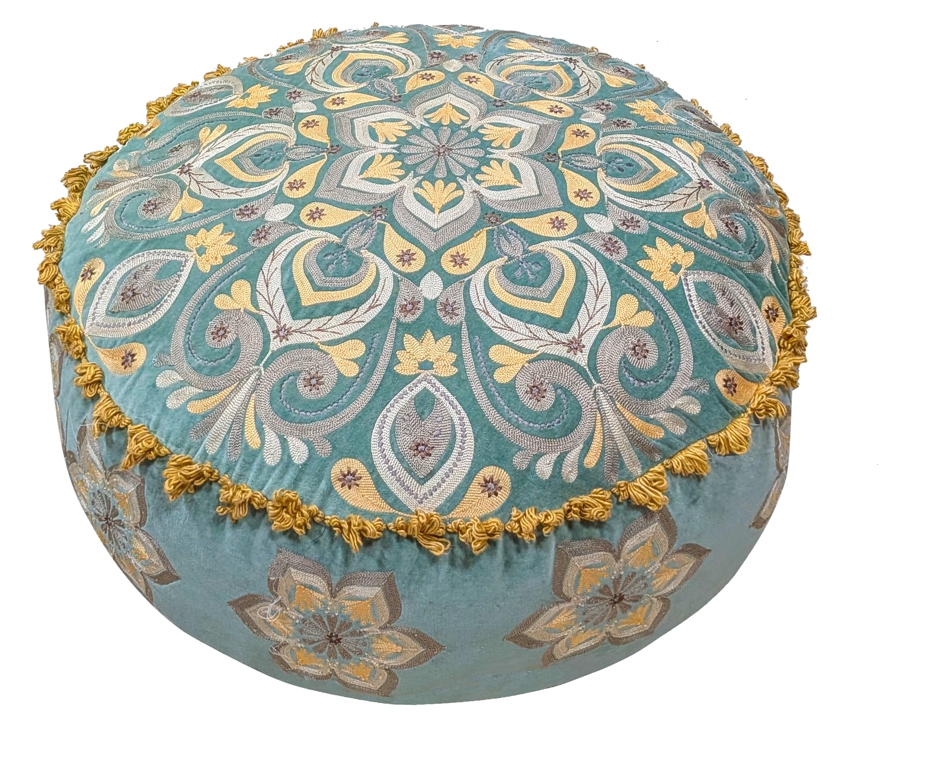 Dusty Teal Mandala Floor Pouf Cover with Embroidery and Decorative Lace - Soft Cotton Velvet Ottoman Slipcover with Moroccan Design, 24 Inch Diameter - Seating Pillow Cushion — image 1