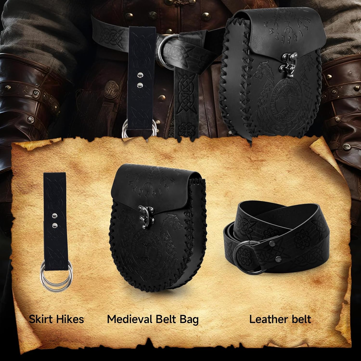 Nordic Embossed Belt Pouch Retro Vintage Portable Waist Bag Renaissance Belts Set Medieval Side Pack for Cosplay Accessories(Black) - Image 3