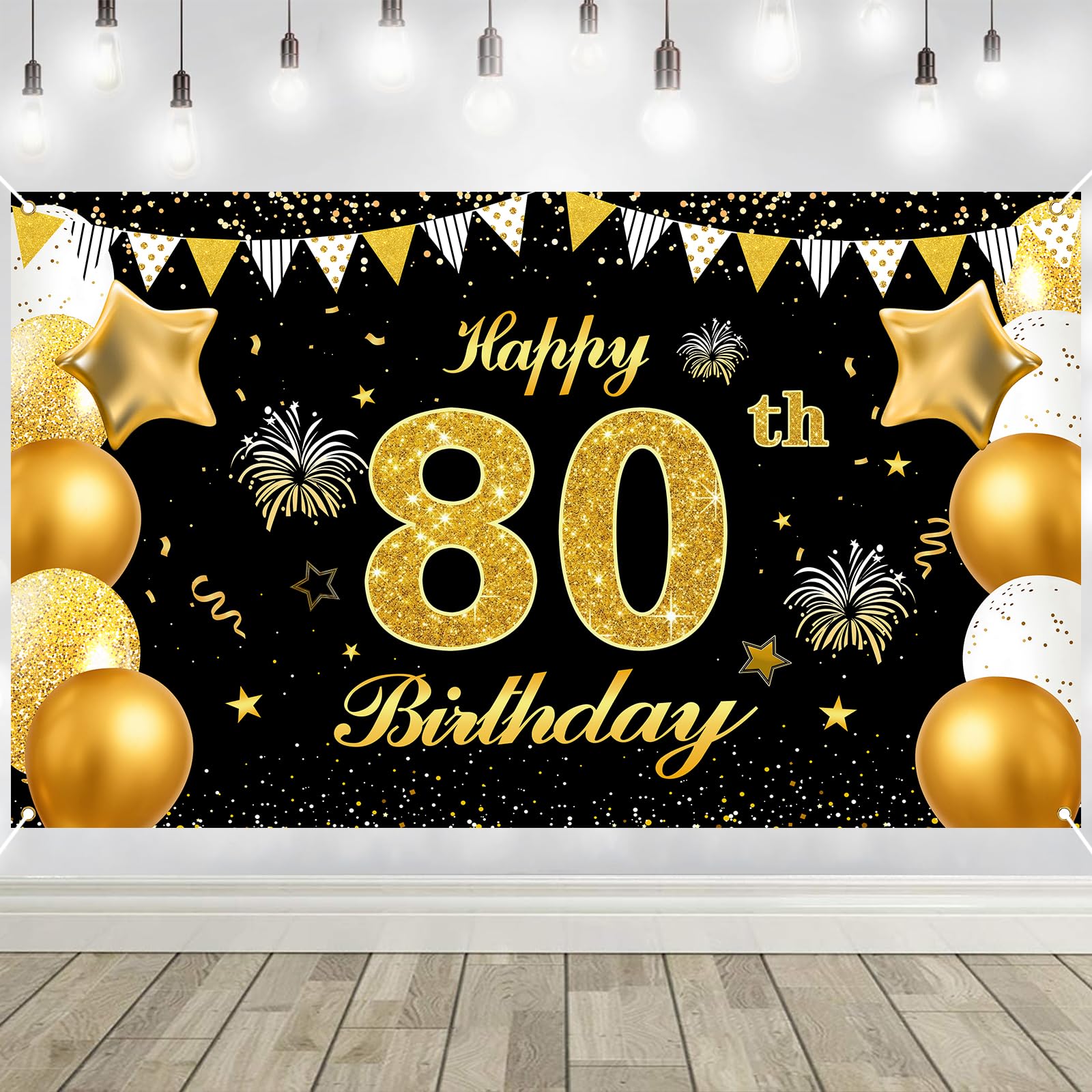 80th Birthday Decorations Banner Gold Black Happy Birthday Door Banner for Party Photo Backdrop for Men Women Home Outdoor Cover Party Decoration Supplies Poster