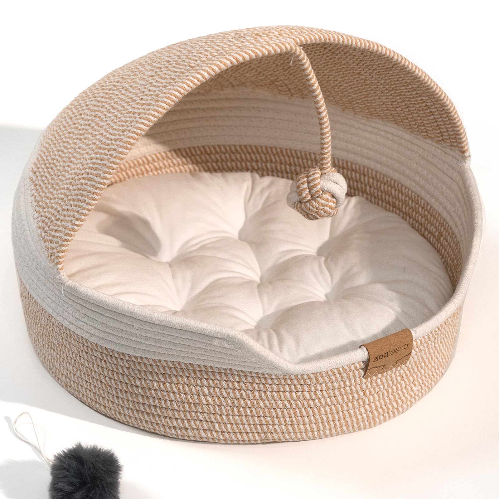 Photo 1 of CHEERPALS Cat Basket Bed with Washable Cushion and Ball Rope Cotton, Covered Pet Bed for Indoor Cats Cave Bed Hooded, Stimulicat Cat Bed Handwoven Breathable, All Season Universal(White)