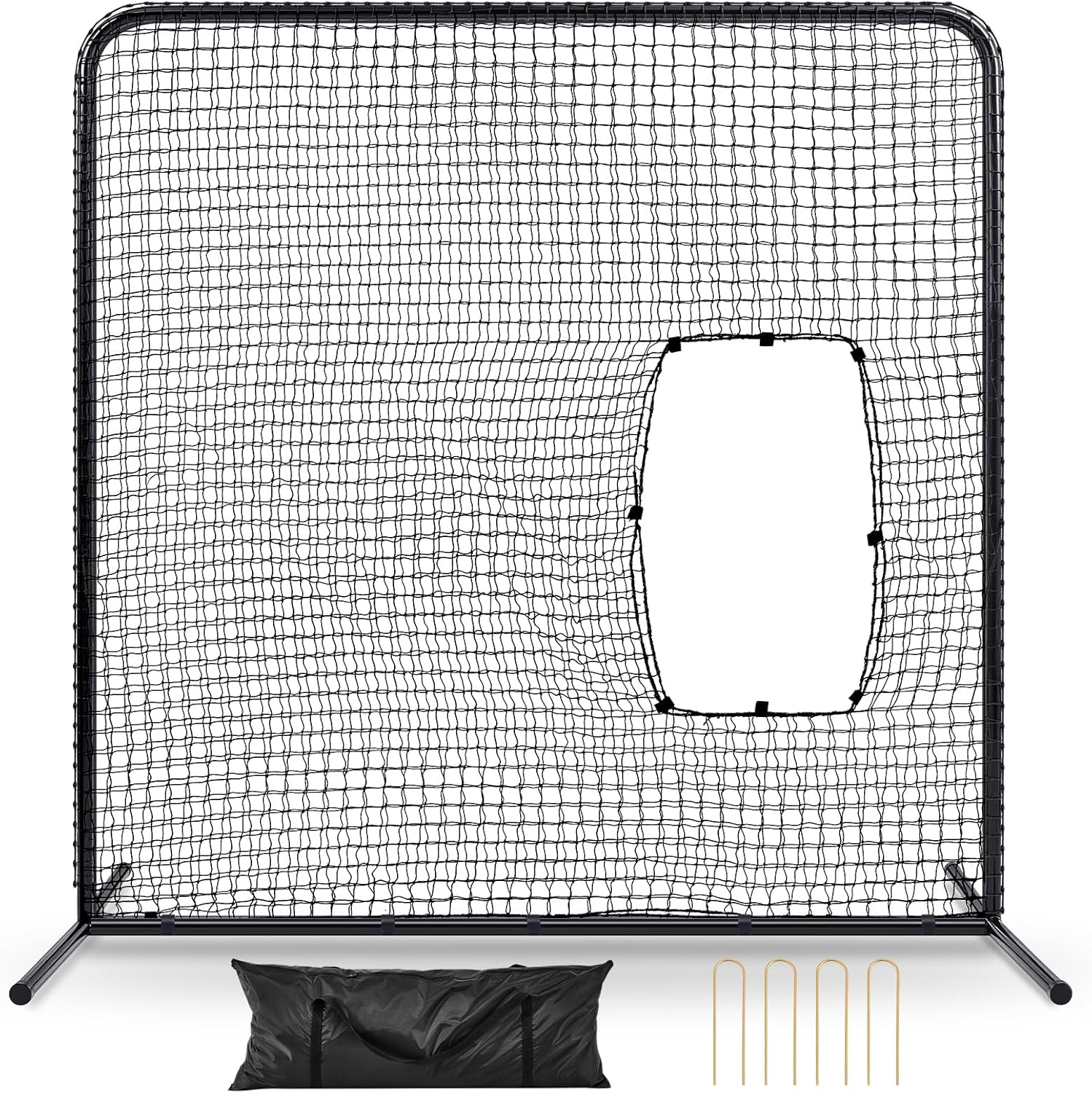 Baseball Pitching Net Screen 7ft x 7ft Softball Batting Machine Protective Screens with Steel Frame Carry Bag Cut-Out Through Net for Baseball Practice Training Equipment