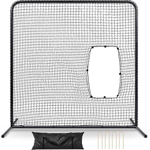Pantalla de red de lanzamiento de béisbol de 7 x 7 pies, pantalla protectora para máquina de bateo de sóftbol con marco de acero, bolsa de