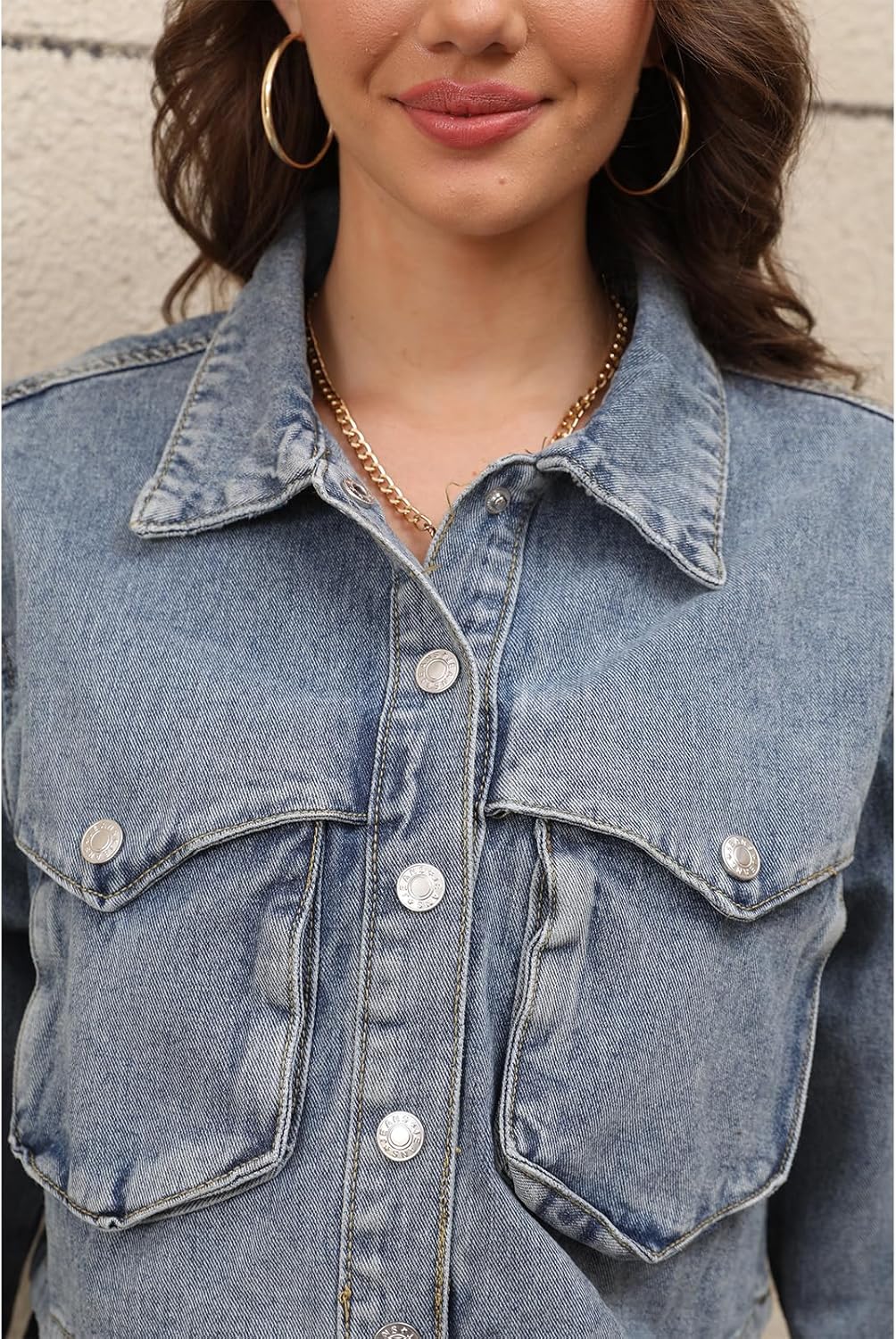Women's Long Sleeve Button Down Cropped Trucker Short Denim Jean Jacket with Pockets - Image 5