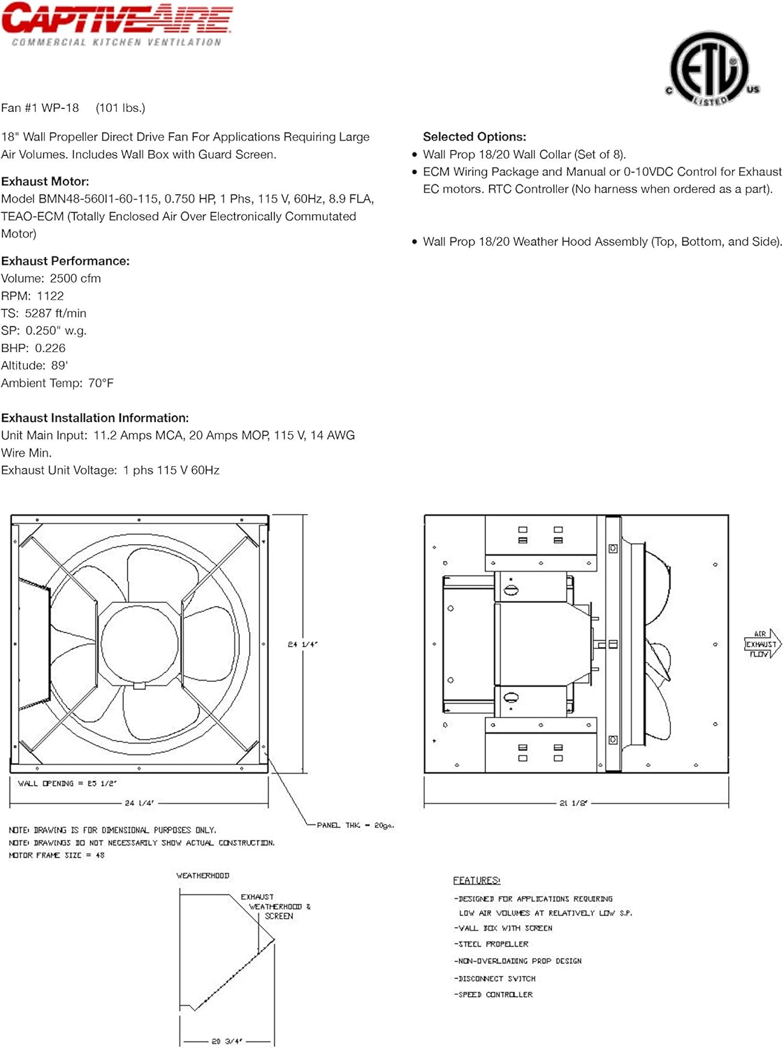 Wall Propeller Direct Drive Fan For Applications Requiring Large Air Volumes. Includes Wall Box with Guard Screen., 0.166 HP 115 Volt Single Phase Motor, 100-500 CFM (WP-10)