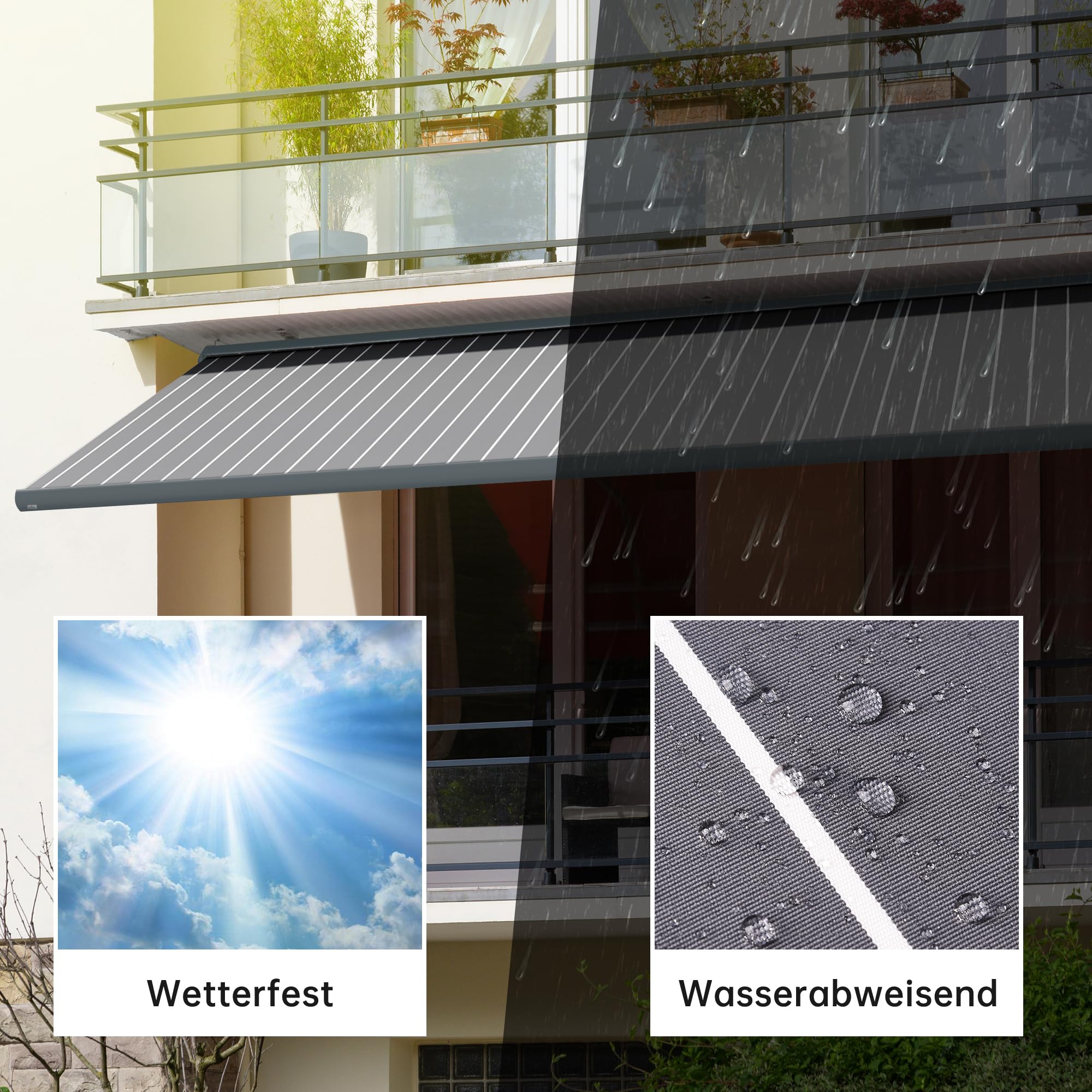 paramondo Markise Kassettenmarkise Curve 2000 Gelenkarmmarkise Balkon Terrasse Sichtschutz, mit jarolift Funkmotor & Funkhandsender, 395 x 300 cm, Gestell Anthrazit, Stoff Block Dunkelgrau-Weiß
