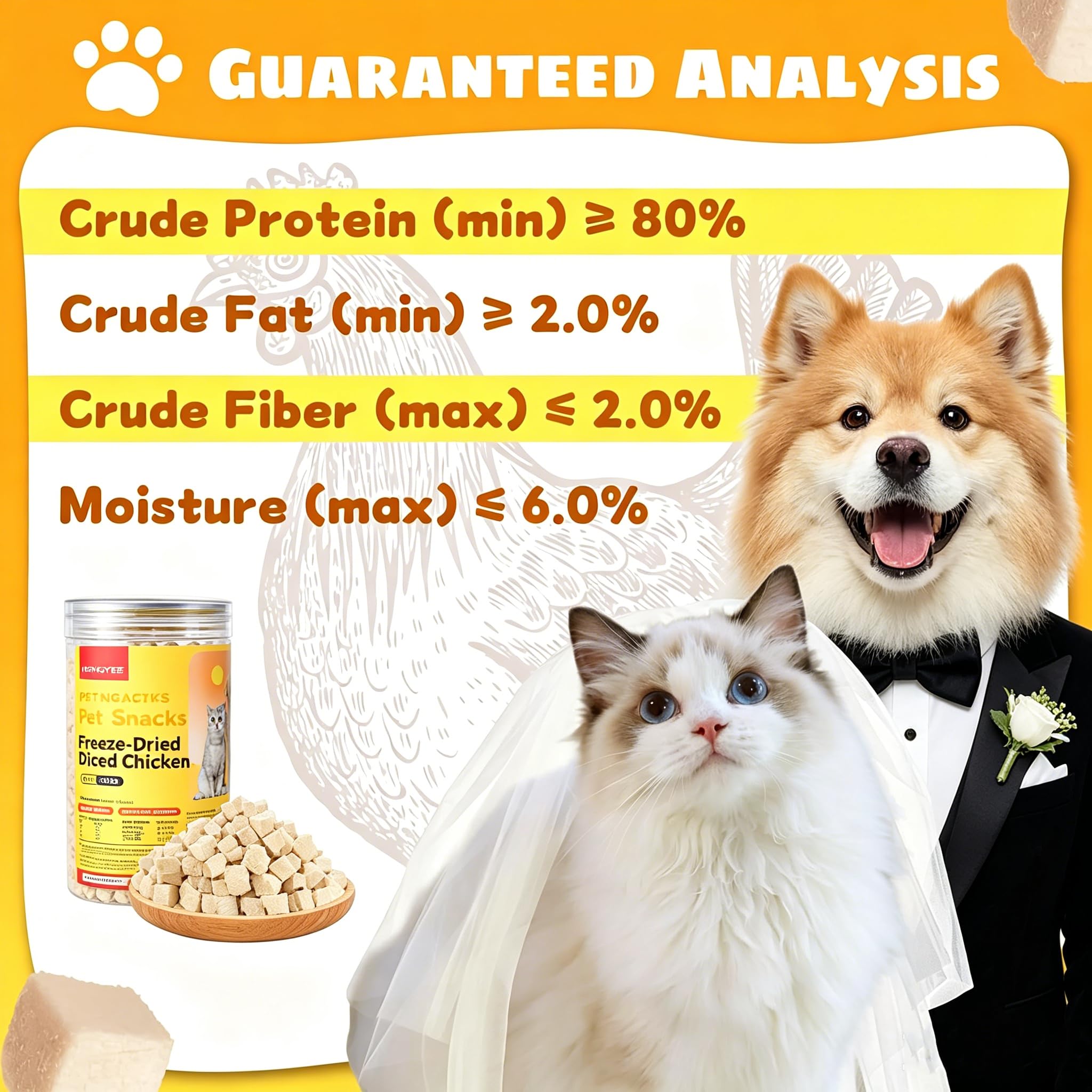Gefriergetrocknete Hühnerleckerlis für Katzen & Hunde, proteinreich fettarm, Reine Hühnerwürfel aus Einer Zutat, ideal zur Gewichtskontrolle & Training, Haustierergänzung, Freeze Dried Chicken Treats