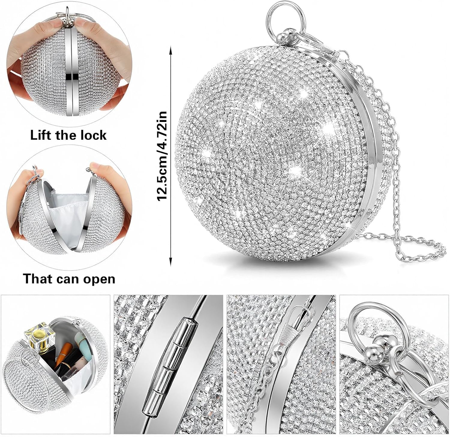 Disco Ball Round Purse, Evening Handbag Rhinestones Shoulder Bag for Women, Silver Crystal Clutch with Chain, Wedding Engagement Party Decoration Gift Supplies image 2