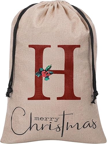 Vista 12 de Subyan Bolsa de regalo de Navidad de arpillera de 27 x 23 pulgadas, extra grande, reutilizable, personalizada, con monograma, con cordón