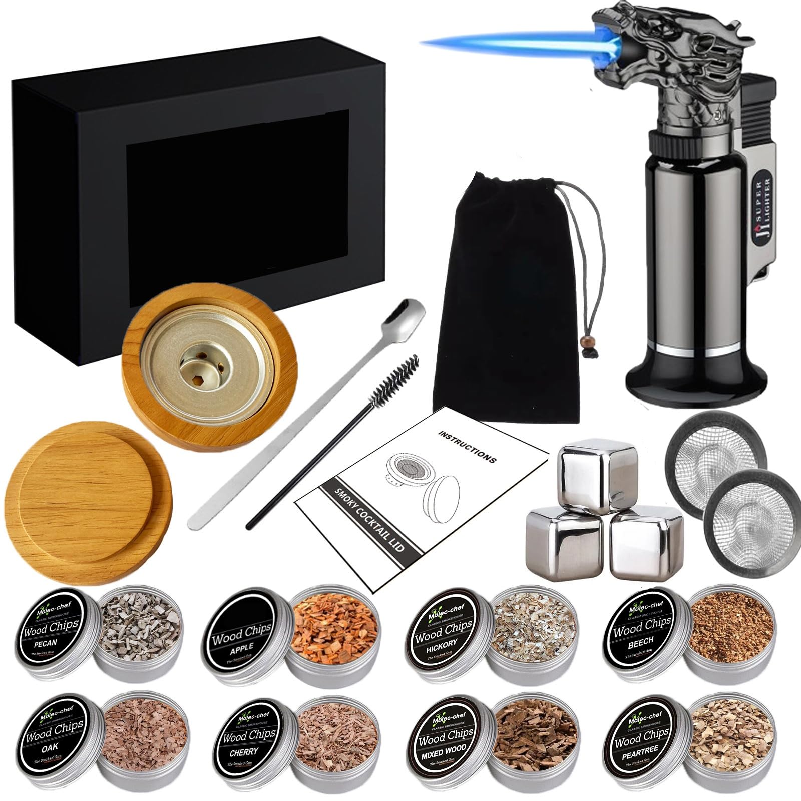 Kit Ahumador para Whisky - Set con 8 Aromas de Madera y Piedras para Whisky - Accesorios Bar para Cócteles y Regalo Hombre Padre y Novio