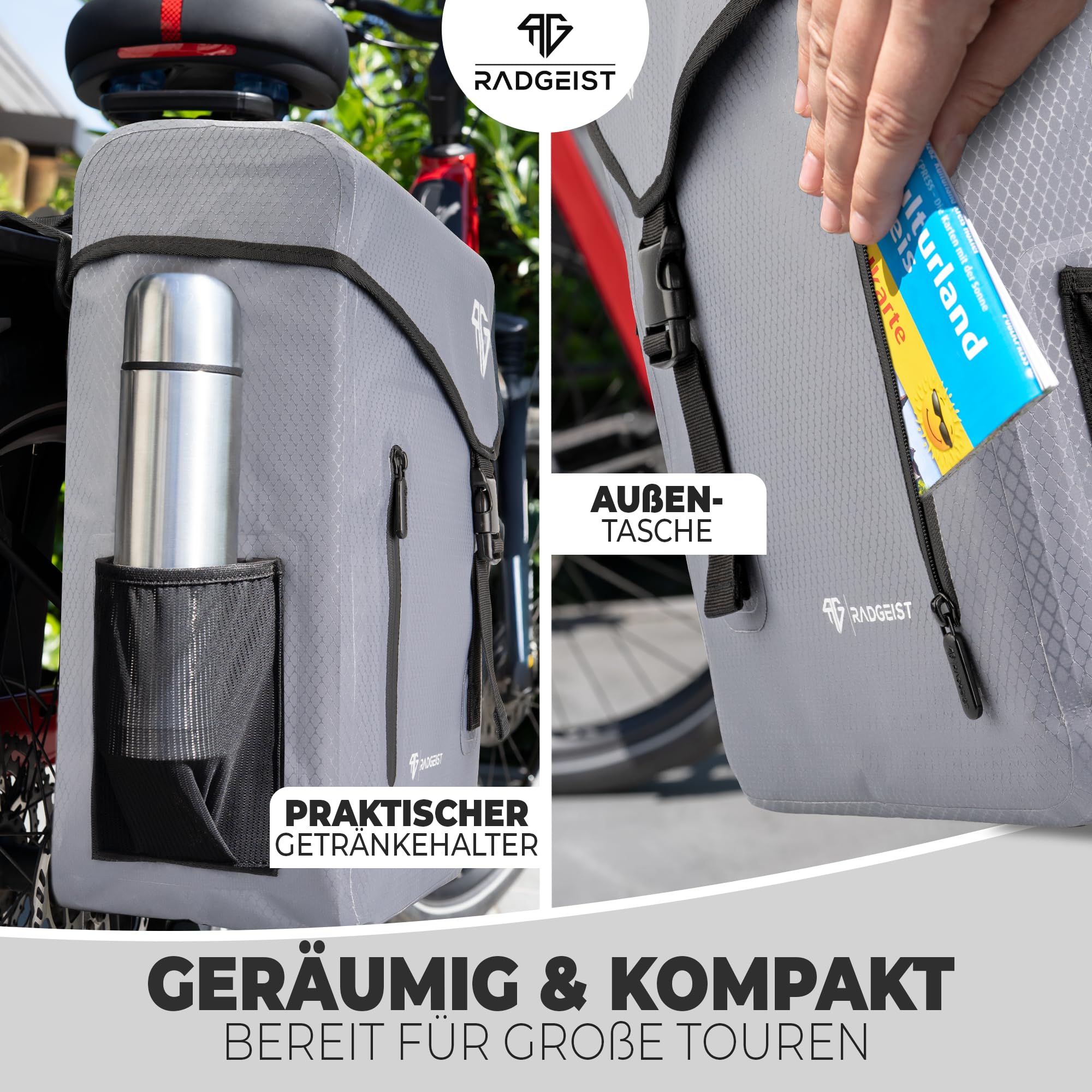 RADGEIST Borsa per portapacchi per bicicletta, 100% impermeabile, doppia borsa per bicicletta, 50 litri, doppia borsa per portapacchi con fissaggio semplice (grigio)