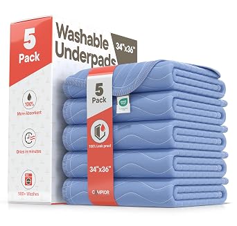 Washable Underpads Large 34"x36" Pack of 5 Reusable Waterproof Bed Pads for Adults & Seniors, Extra Heavy Absorbency Incontinence & Bedwetting Pads, Soft, Blue.