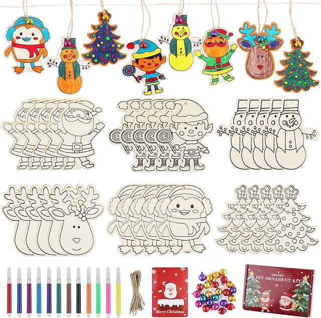 EBANKU Christmas Wooden Ornaments Kits, 30PCS Unfinished Blank Wood Slices Crafts with Color Pens, Greeting Card and Bells for Christmas Tree Decoration