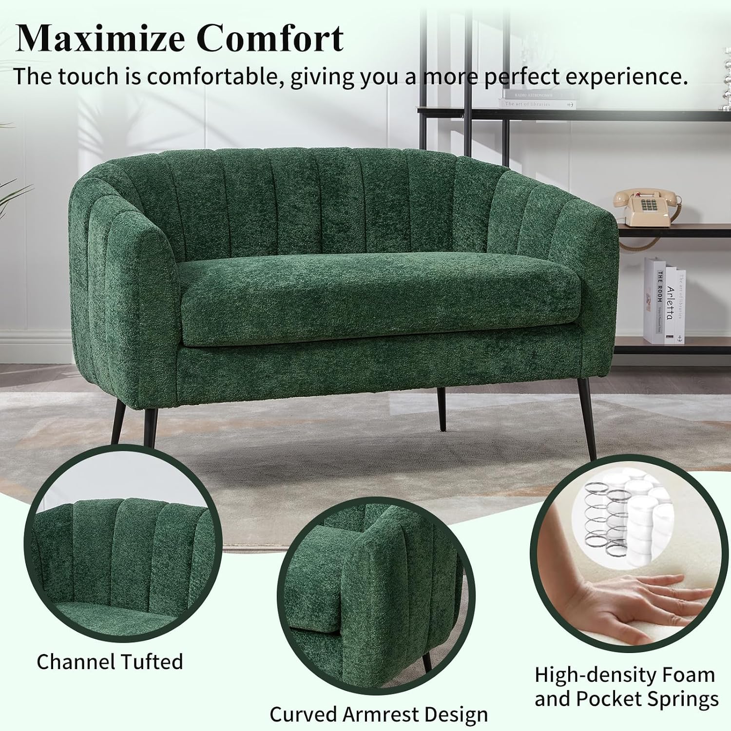 50.2" Loveseat Sofa, Chenille Upholstered Small Couch with Metal Legs, Tufted 2-Seater Sofa with Removable Seat Cushion, Comfy Modern Accent Chair for Bedroom, Small Space (Green)