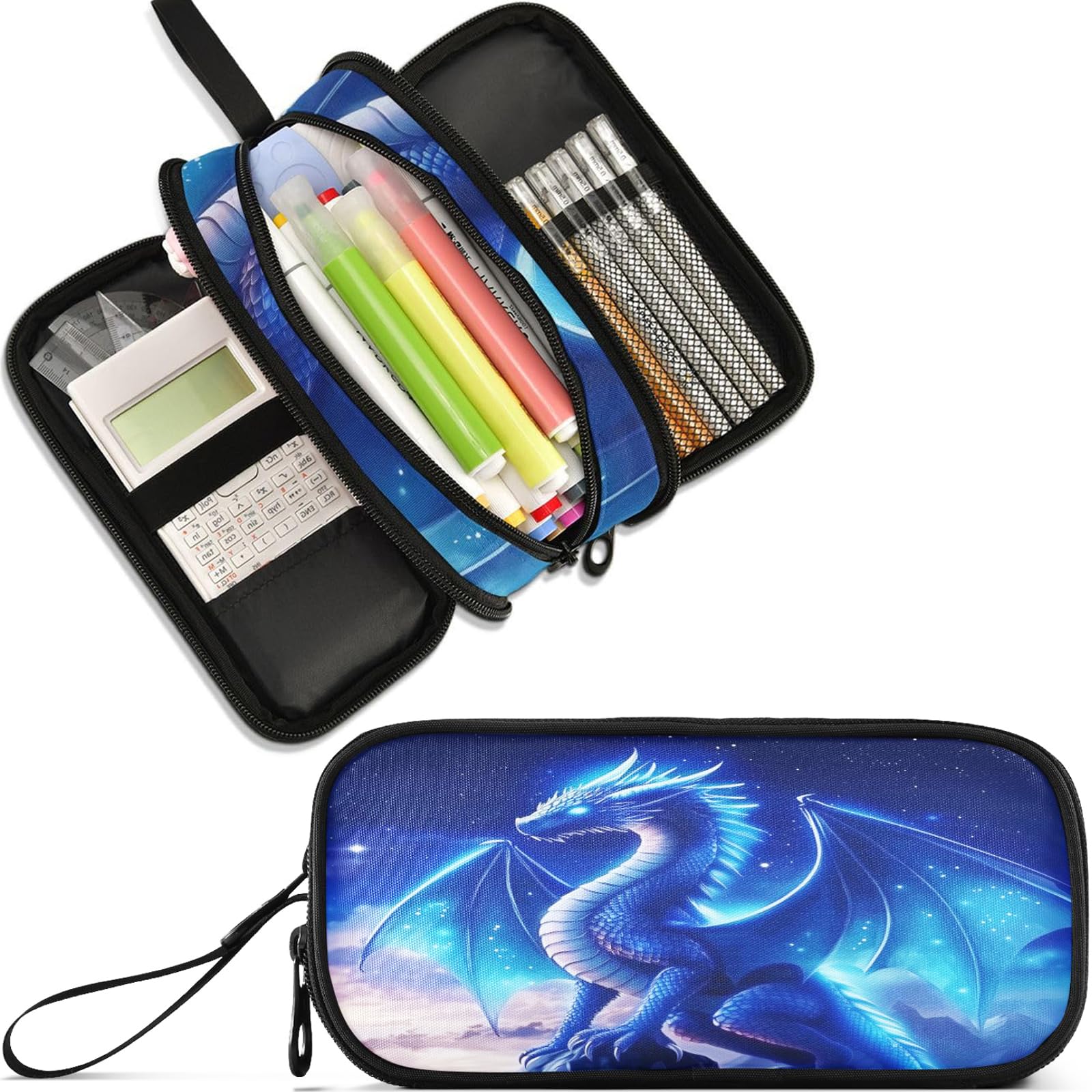 Blue Dragon Galaxy Glowing Pencil Case Large Capacity Pencil Pouch Boys Girls 3 Compartment Pen Bag School Office Stationery Organizer