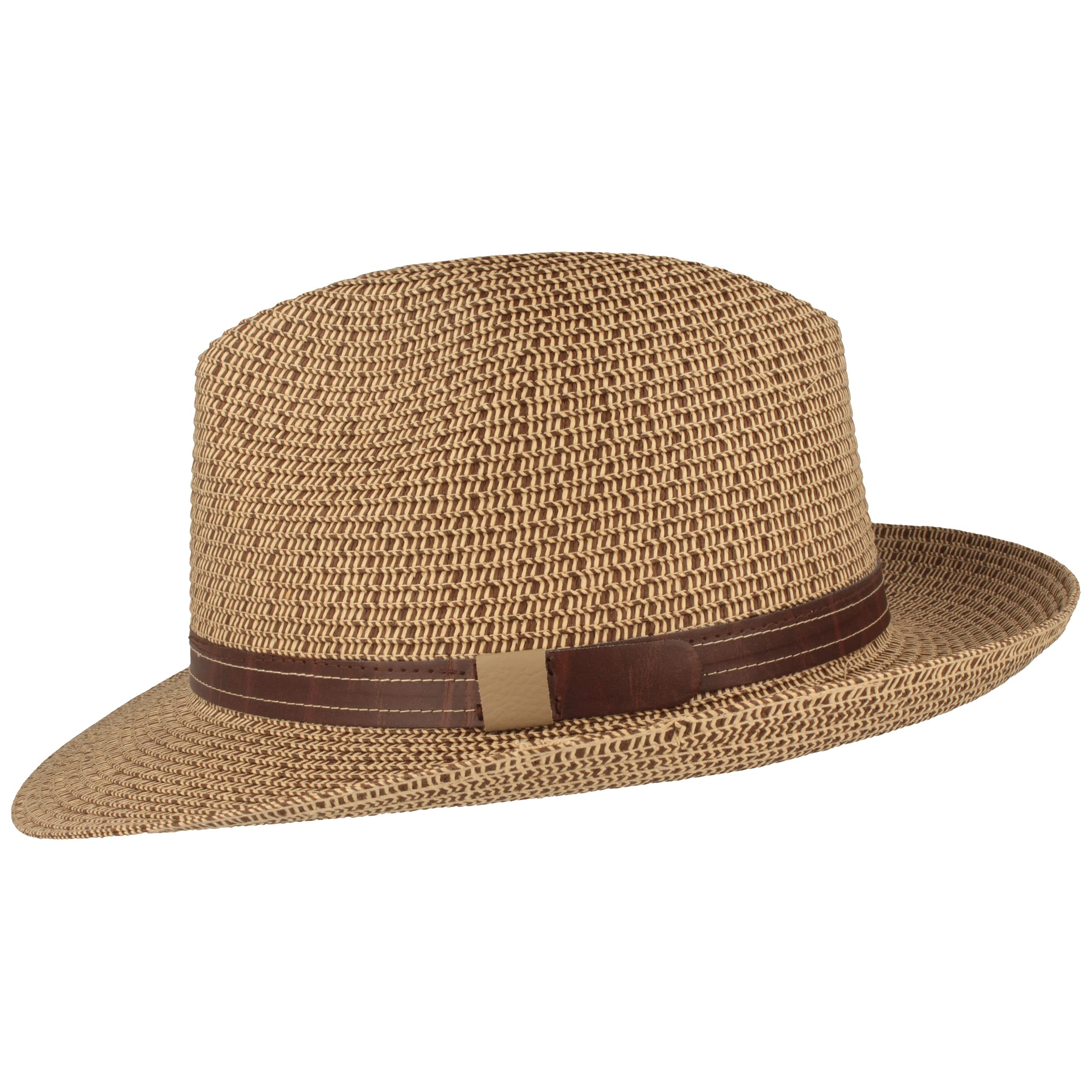 Strohhut Bogarthut Sommerhut Sonnenhut aus 100% Papier knautschbar Besonders Leicht, Flexibel, Hautfreundlich Bequem Braun meliert Kunstlederband, S