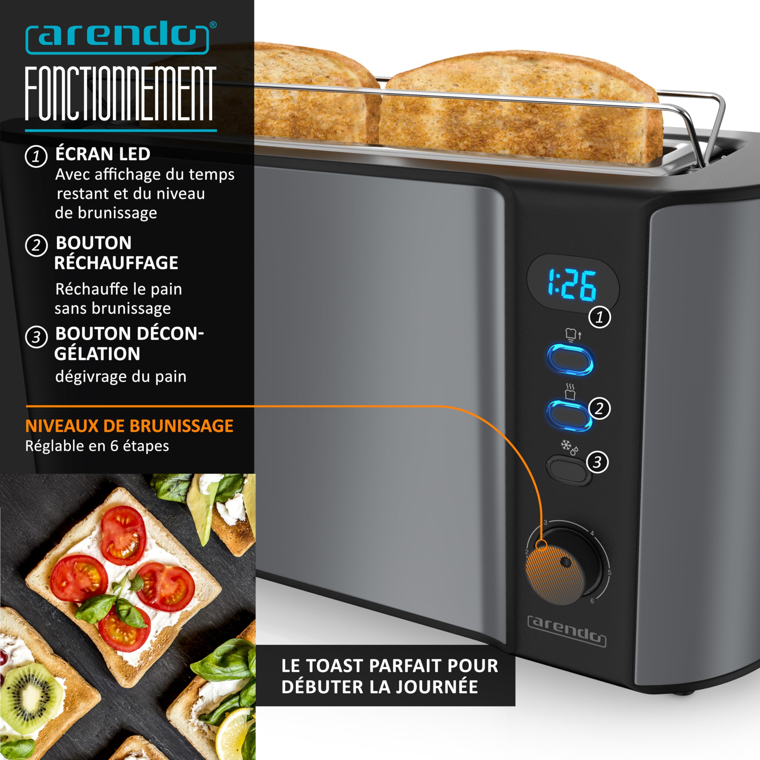 Arendo Ensemble Bouilloire Grille-Pain Cuiseur à Œufs Inox 1,5L 40°-100°C Toaster 4 Tranches LED 6 Niveaux Cool grey