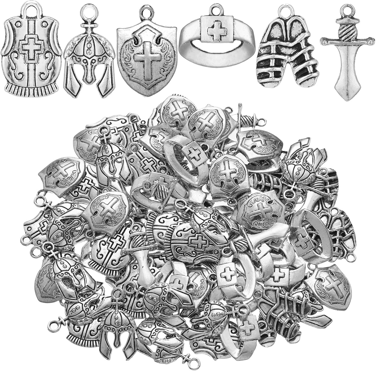 Ecation 180 Pcs Bible Theme Charms Pendants Put on the Full Armor Alloy Pendant Sunday Craft Belt Helmet Armor Charms Bulk for DIY Bracelet Necklace Jewelry Making