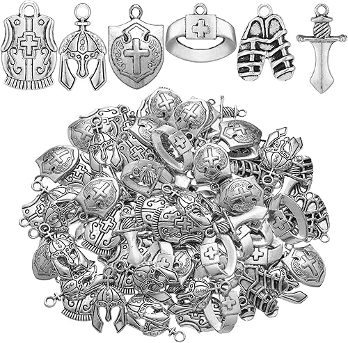 90 dijes con temática bíblica para colgar en la armadura completa, colgante de aleación para escuela dominical, cinturón de manualidades, casco,