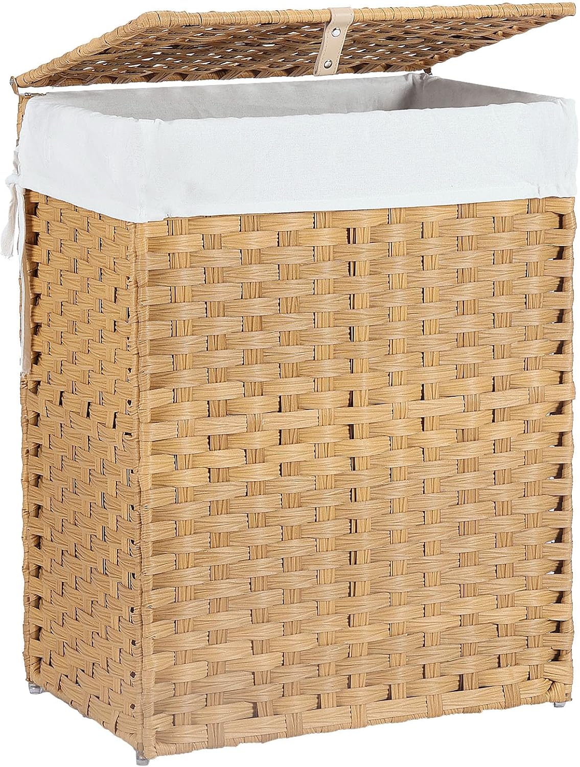 DUMOS Wicker Laundry Basket with Lid, 24 Gallon (91L) Woven Laundry Hamper with Handles, Foldable Rattan Clothes Hamper with Removable Liner & Sturdy Steel Frame, Goose Yellow
