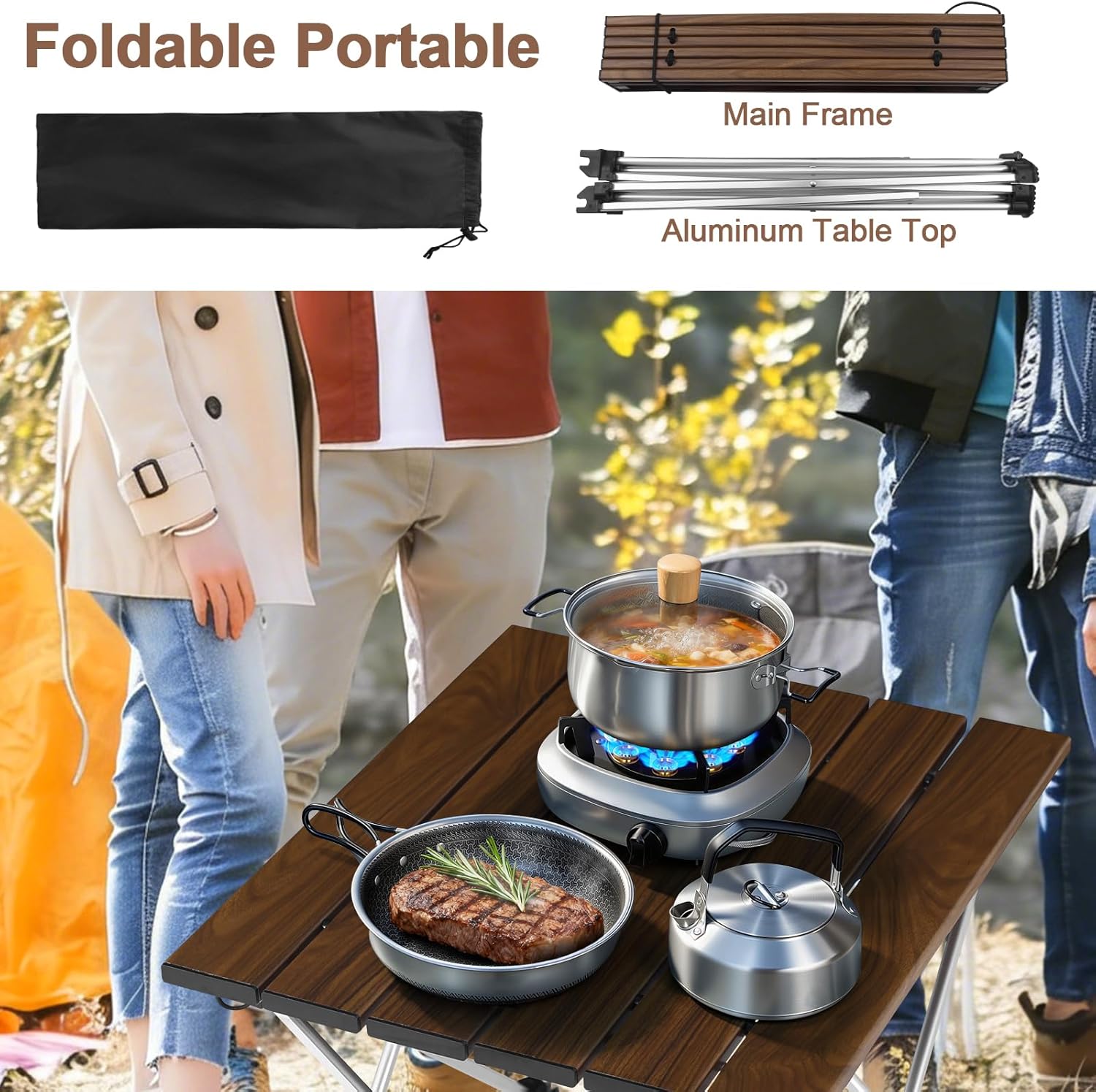 Tesouro Folding Camping Square Table with Carry Bag, Lightweight Aluminum Square Table for Outdoor, Camping, Picnic, Backyards, BBQ (Wood Color-S)