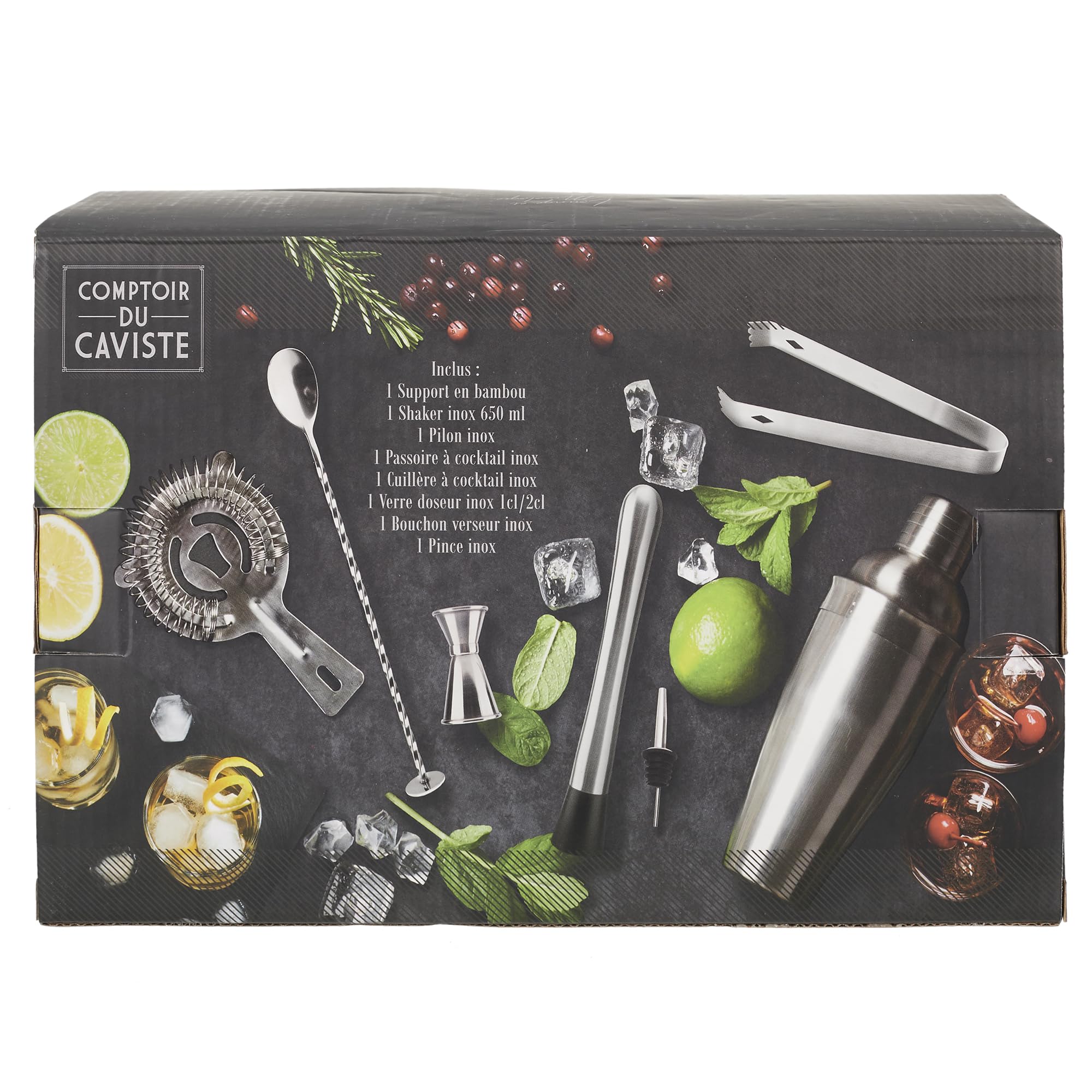 COOK CONCEPT - KV7303 Coffret Complet à Cocktail avec Support en Bambou - Shaker, Pilon, Passoire, Cuillère, Verre Doseur, Bouchon Verseur, Pince - 27.6 x 25 x 10.5 cm - Couleur Argent