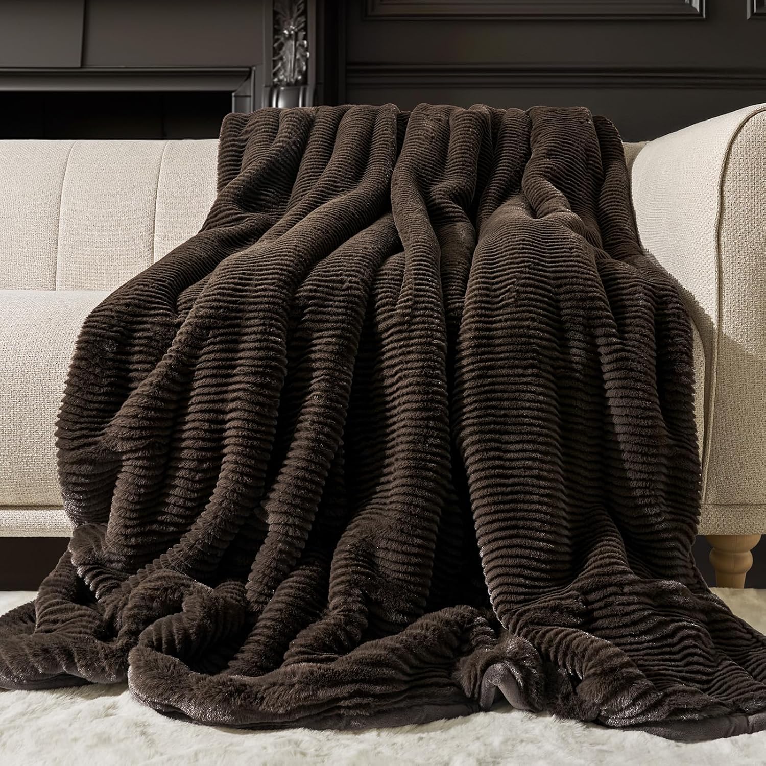 EVERGRACE Ultra Soft Faux Fur Throw Blanket for Couch, Luxury Sculpted Texture Faux Rabbit Fur Blanket for Bed, Fluffy Thick Plush Warm Fuzzy Throw, 920GSM (Dark Brown, 60''x80'')