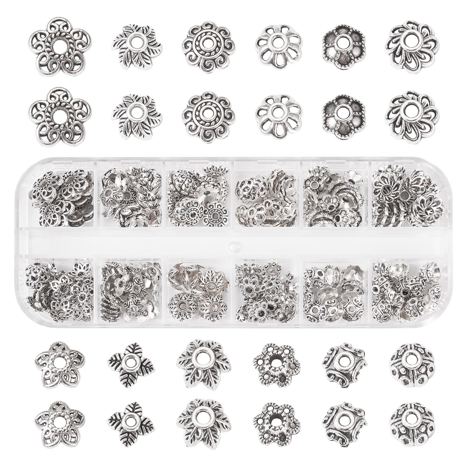 Sparkeads 230 Pcs Antique Silver Flower Bead Caps Tibetan Style Hollow Floral Bead Caps 5.5-10 mm Metal Filigree Assorted Style Bead End Caps for