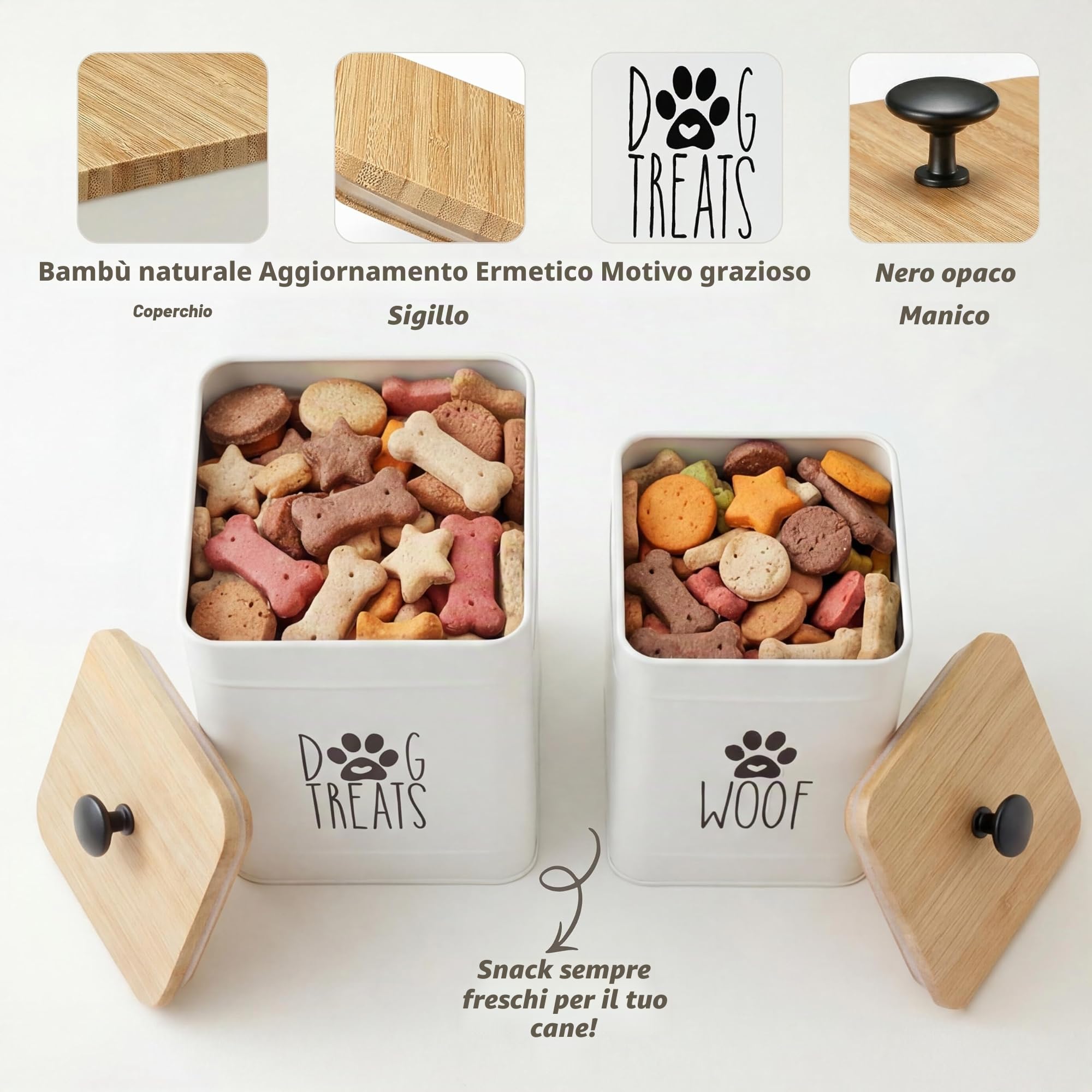 PerfNIQUE Contenitori per caramelle per cani, barattoli per caramelle per cani con 2 coperchi ermetici, banco da cucina e contenitori per il trattamento degli animali domestici, 7,8 x 6,2 e 7,3 x 5,5