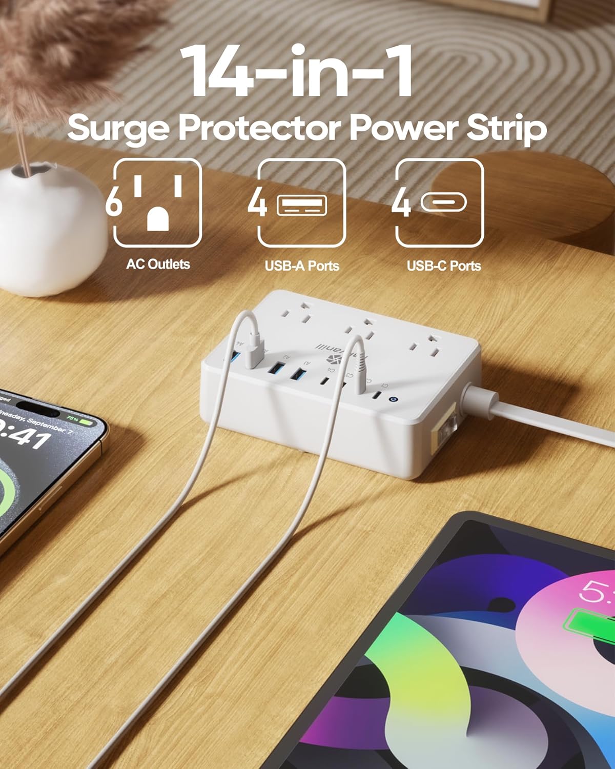 100W Charging Station, 6 AC Outlets 8 USB Power Strip with 2000J Surge Protector, 5ft Flat Plug Extension Cord, Compact for Desk Home Office Dorm, White