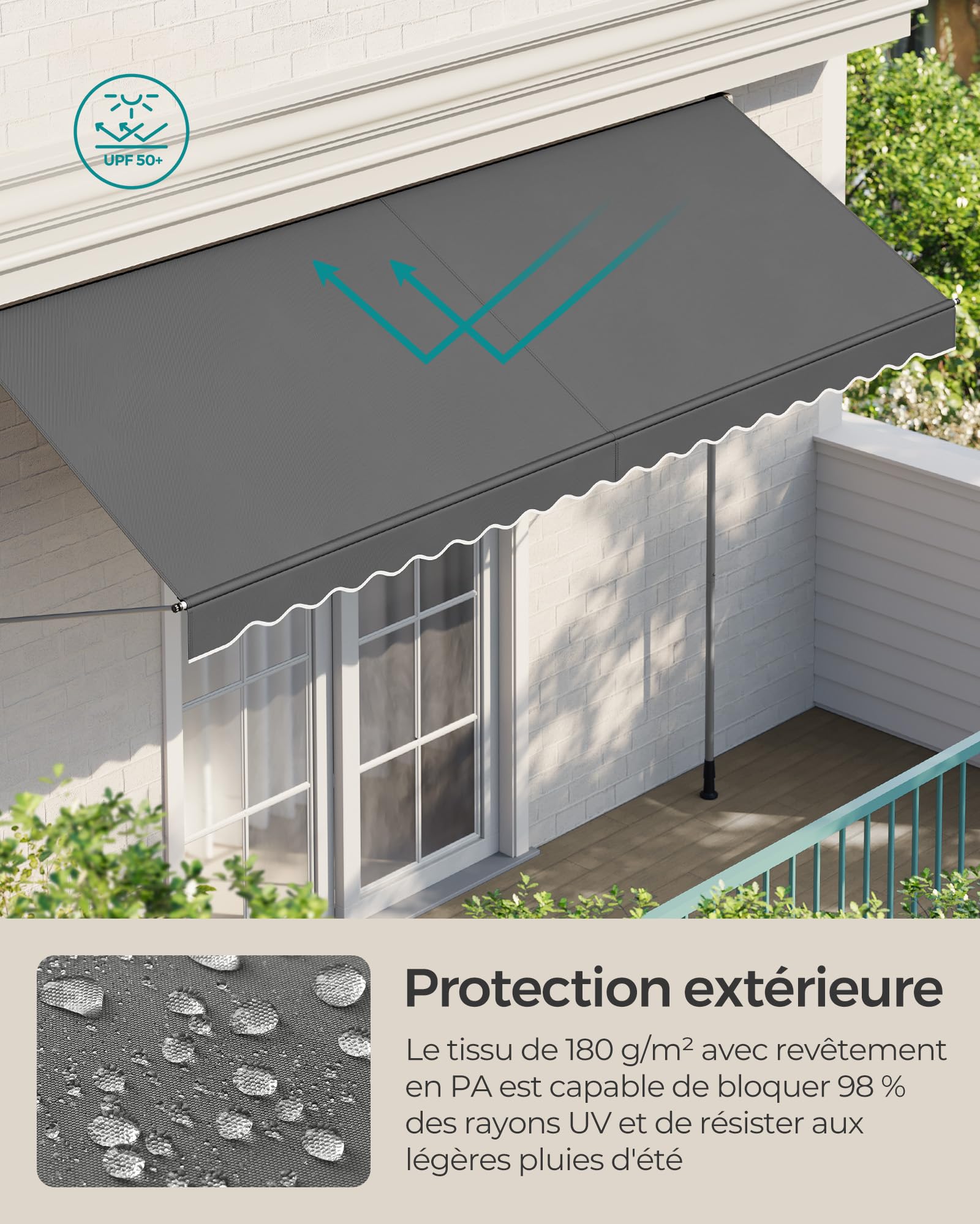 SONGMICS Store Banne Rétractable, Store Manuel, Réglable en Hauteur, avec Manivelle pour Balcon, Jardin, Terrasse, 400 x 180 cm, Gris Anthracite GSA402G02