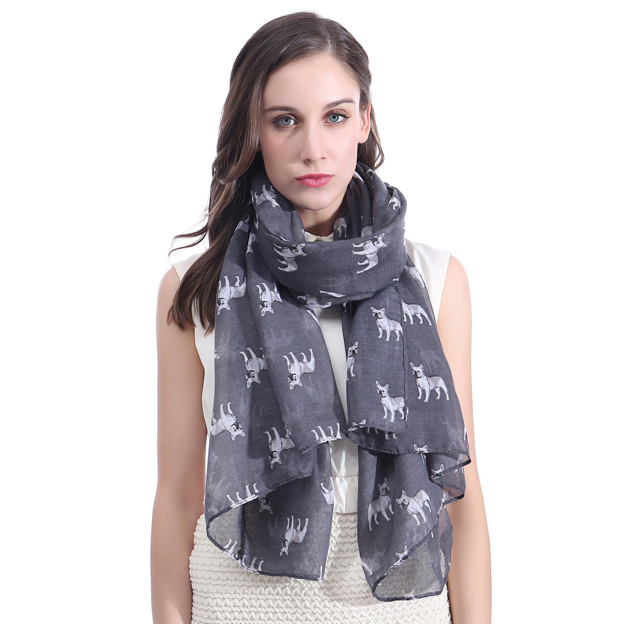 Lina & Lily French Bulldog Dog Print Large Scarf Lightweight (Dark Grey)(Size: 180cm x 90cm)