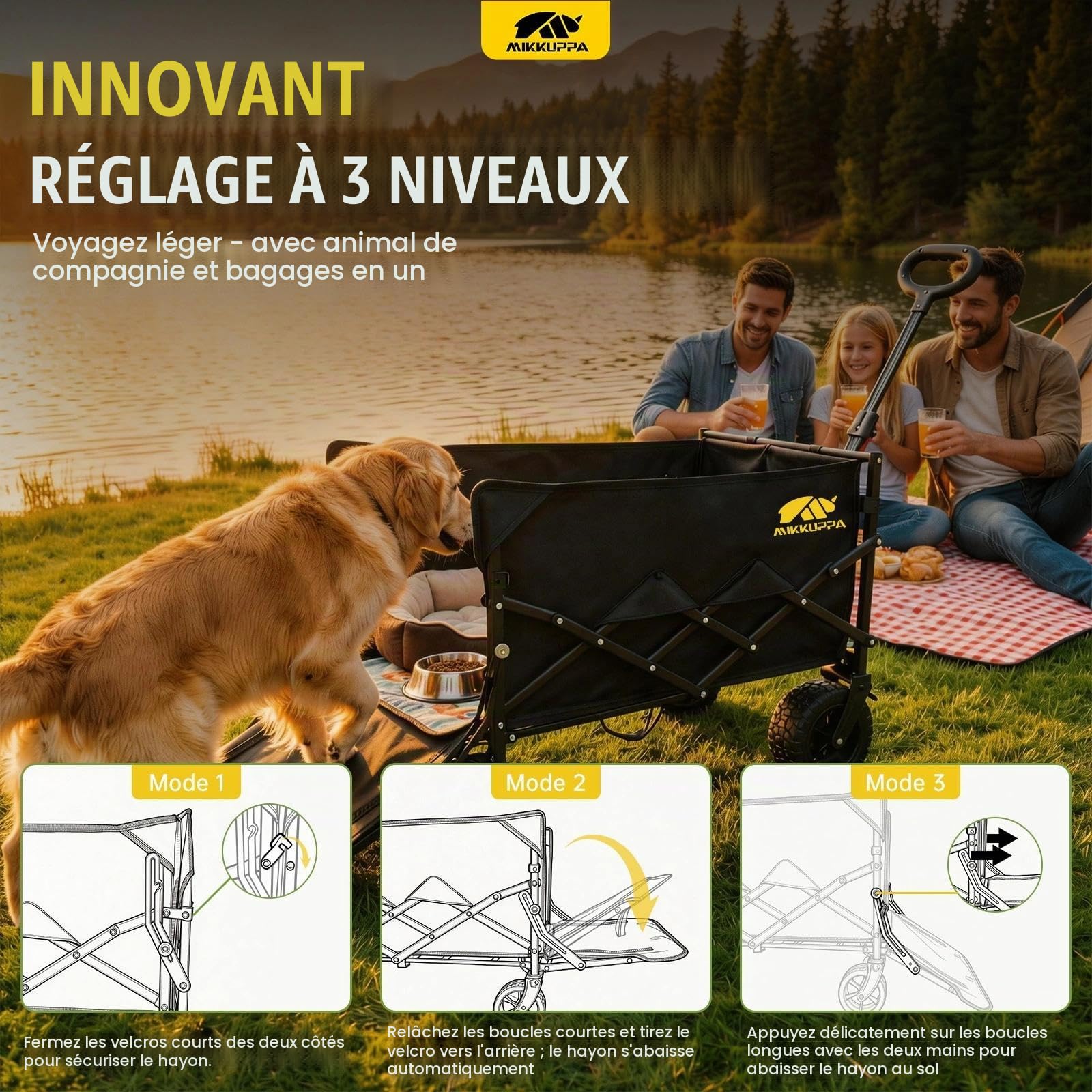 MIKKUPPA Chariot pliable - 150 l - Charge maximale : 170 kg - Anthracite | Chariot à main tout-terrain pour animaux de compagnie, extérieur, plage, parc, hauteur réglable sur 3 positions