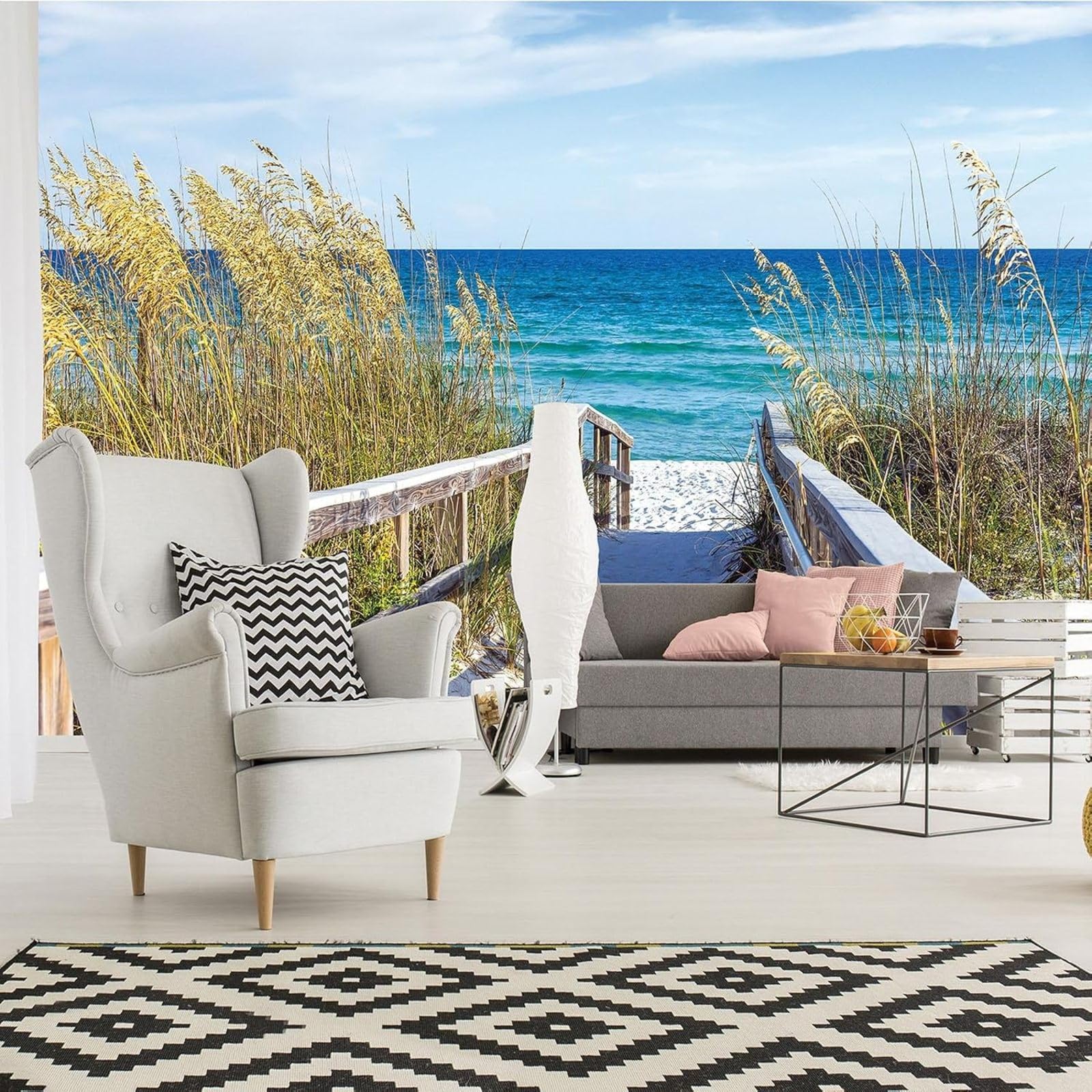 Kfjhgbdshhj 3D Mural Photo Mural-Wallpaper String Way Mural Natural Plants Grass Sand Horizon Sea,250Cmx175cm Poster - Wall Sticker - Frameless Picture