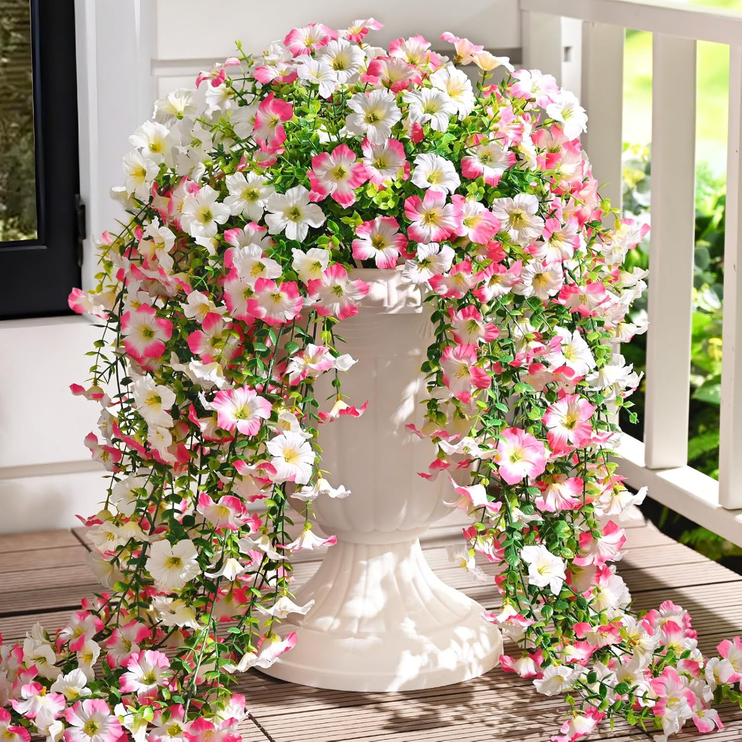 Waipfaru Artificial Petunias Flowers for Outdoors, 4 Pcs UV Resistant Fake Hanging Plants Spring Outside Decor, Faux Silk Flowers Long Trailing Vines for Outdoor Planters Porch Garden