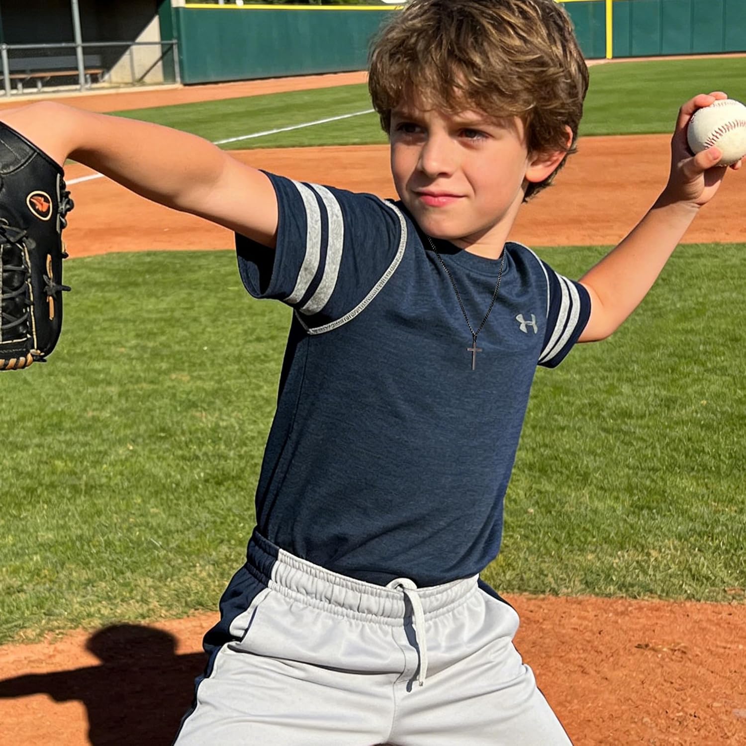 Avotto 316L Stainless Steel Baseball/Football/Soccer Cross Chain Necklace for Men Boys, Silver Gold Black Mens Boys Necklaces 5mm Non-Fading Sturdy Cuban Chain with Cross Pendant 18+2Inch/20+2Inch - Image 2