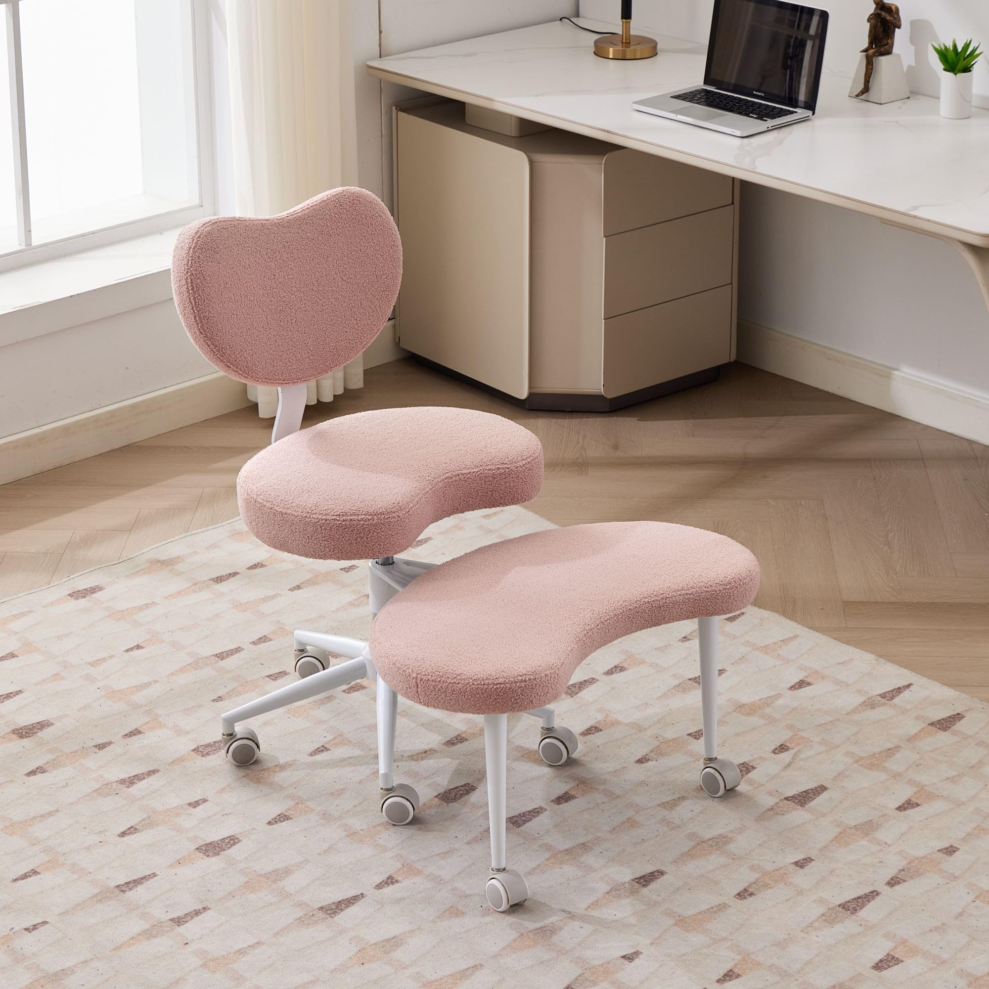 Active Sitting Revolution Office Chair – Cross-Legged &amp; Kneeling Positions, 4.2" Thick Cushion, 360° Footstool, 250lbs Weight Support, Home Office/Yoga/Meditation (Teddy, Pink)