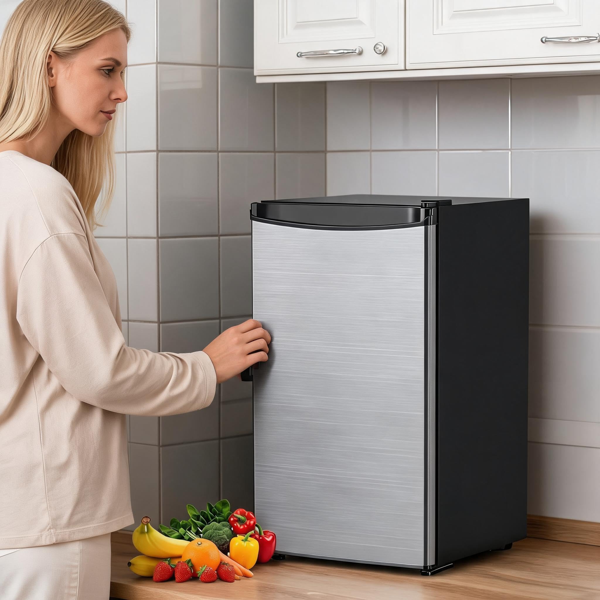 Kompakter Kühlschrank 45 Liter, Geräuscharmer Mini-Kühlschrank mit Edelstahlfront, 5 Kühlstufen (0–18 °C), herausnehmbares Gemüsefach, höhenverstellbare Standfüße, Für Zimmer, Büro