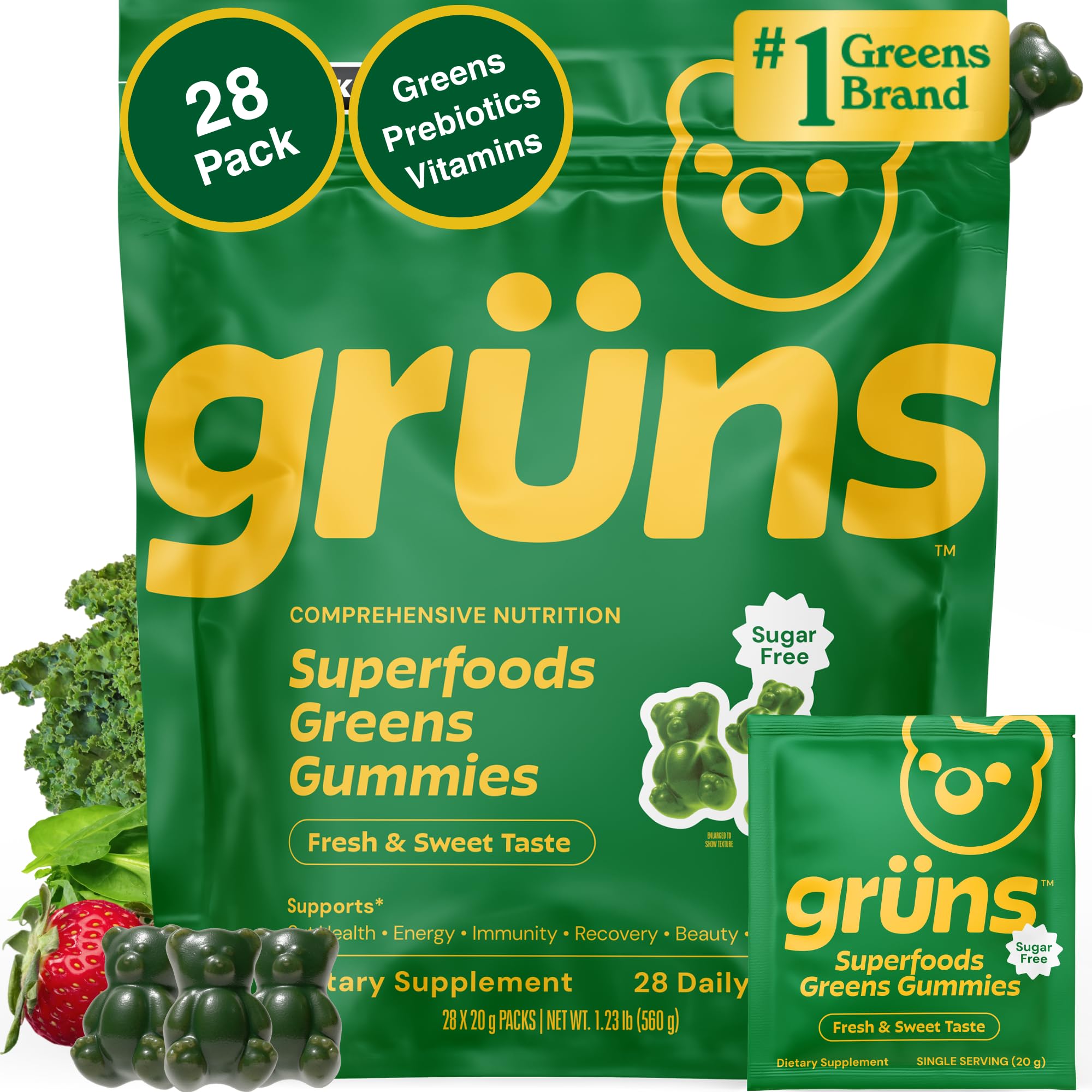Gruns Adult Sugar-Free Super Greens Gummies, Superfood Vitamin Gummy Bears with Spirulina, Chlorella, Fiber & Prebiotics for Digestive Health, Adaptogens Supplement, 20 Vitamins & Minerals, 28 packets