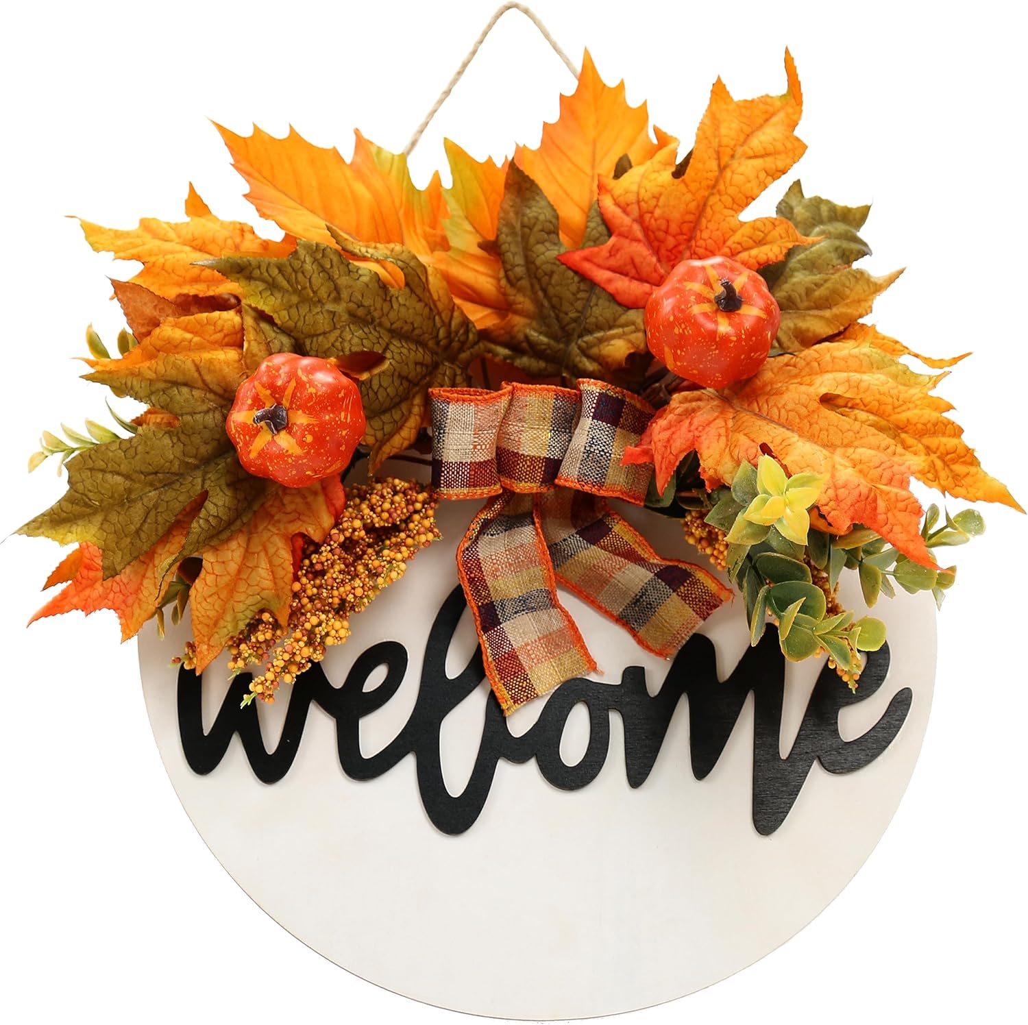Fall Welcome Sign for Front Door Decoration, Autumn Artificial Maple Leaves Home Decor with Pumpkin, Round Wood Hanging Sign for Farmhouse Outdoor Indoor Thanksgiving Halloween Decor Porch Harvest Yellow and White With Welcome Sign