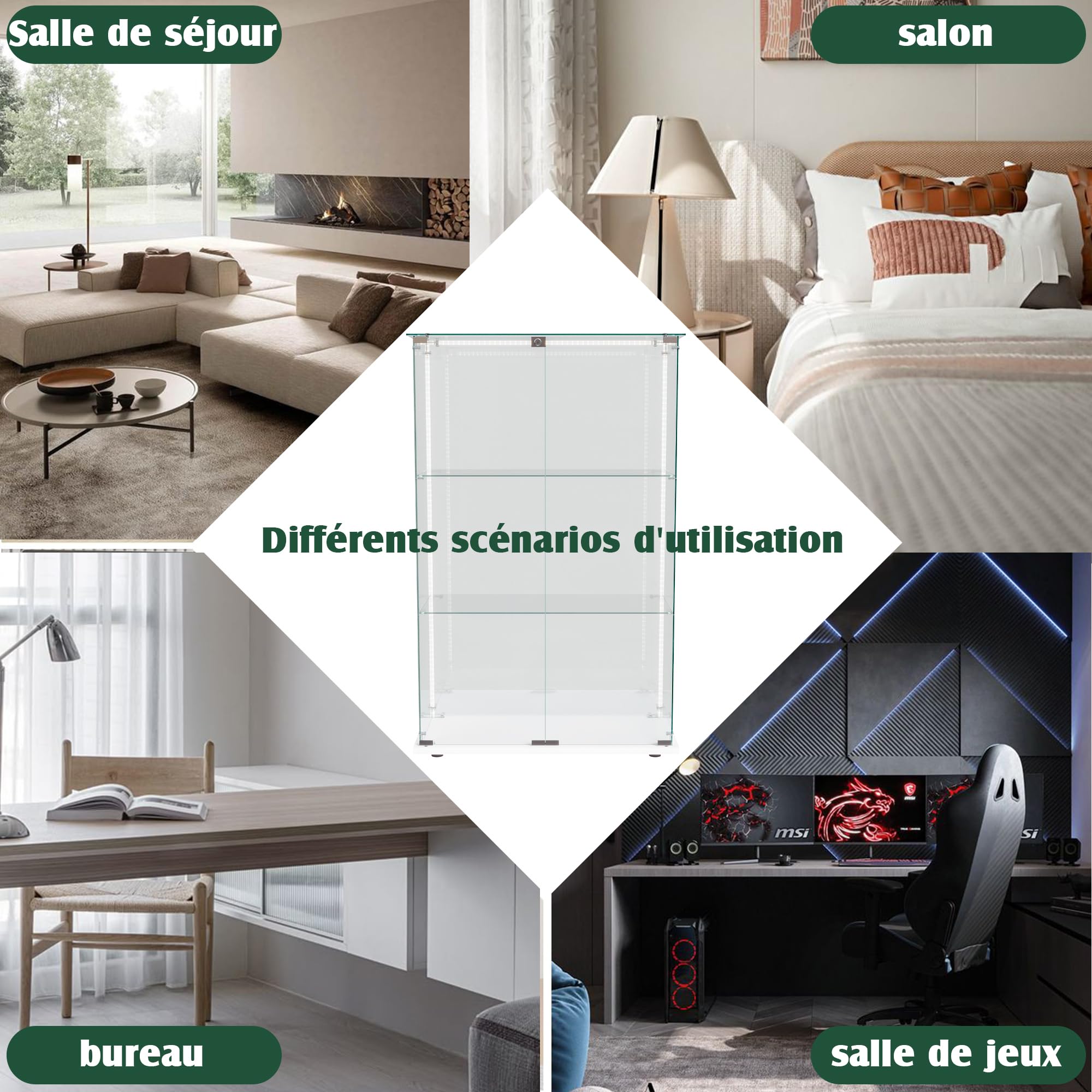Vetrina in Vetro con LED, Armadio in Vetro da Esposizione con 2 Ante 3 Ripiani e Serratura Vetrinetta per Collezionismo Vetrina Soggiorno Moderna per Centro Commerciale (Bianco, striscia luminosa)