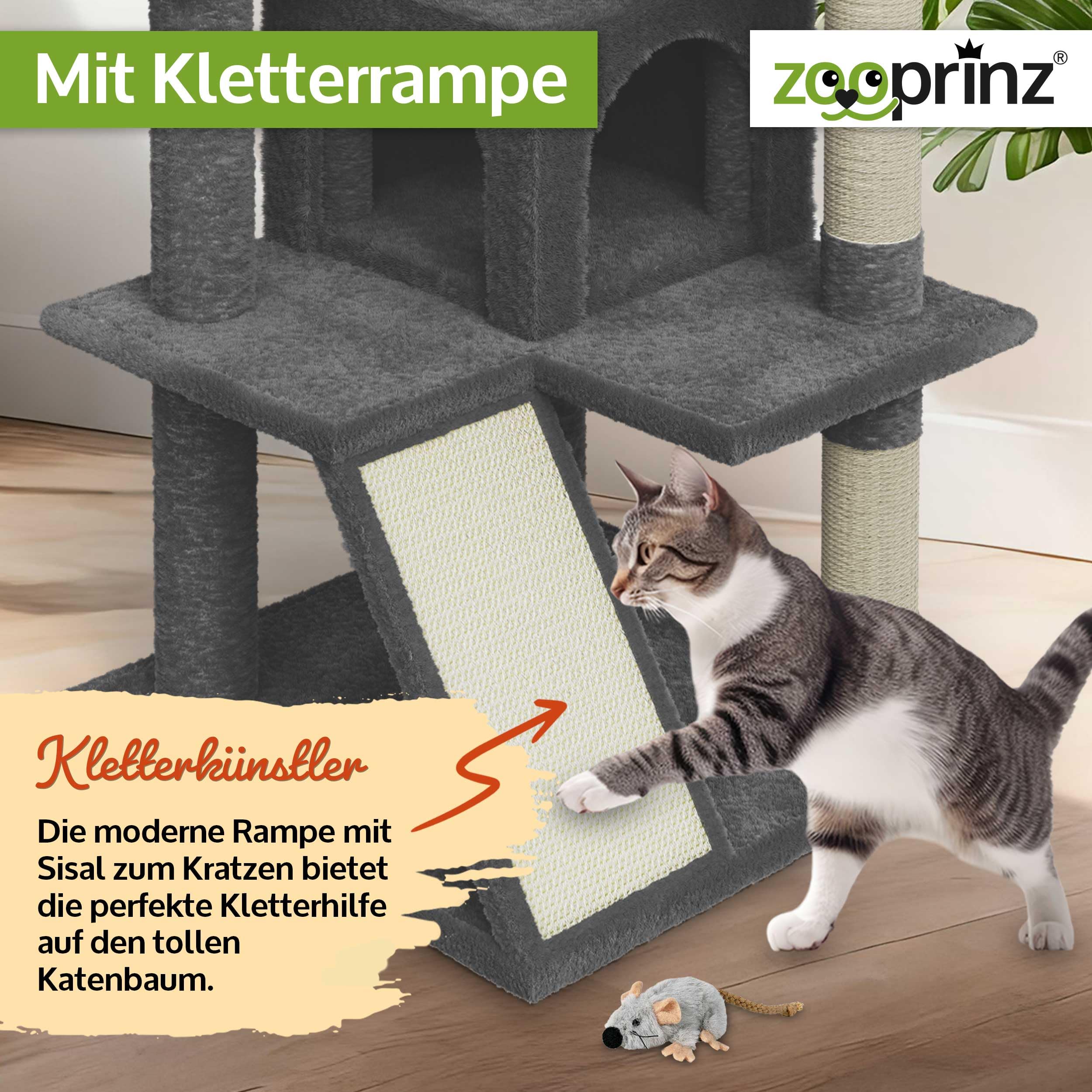 zooprinz Premium Kratzbaum XXL – Katzenbaum für große Katzen | Breiter Kletterturm mit dicken Sisal-Säulen, Höhle, Hängematte, Bällen, Seil und Plüschmaus, Dunkelgrau