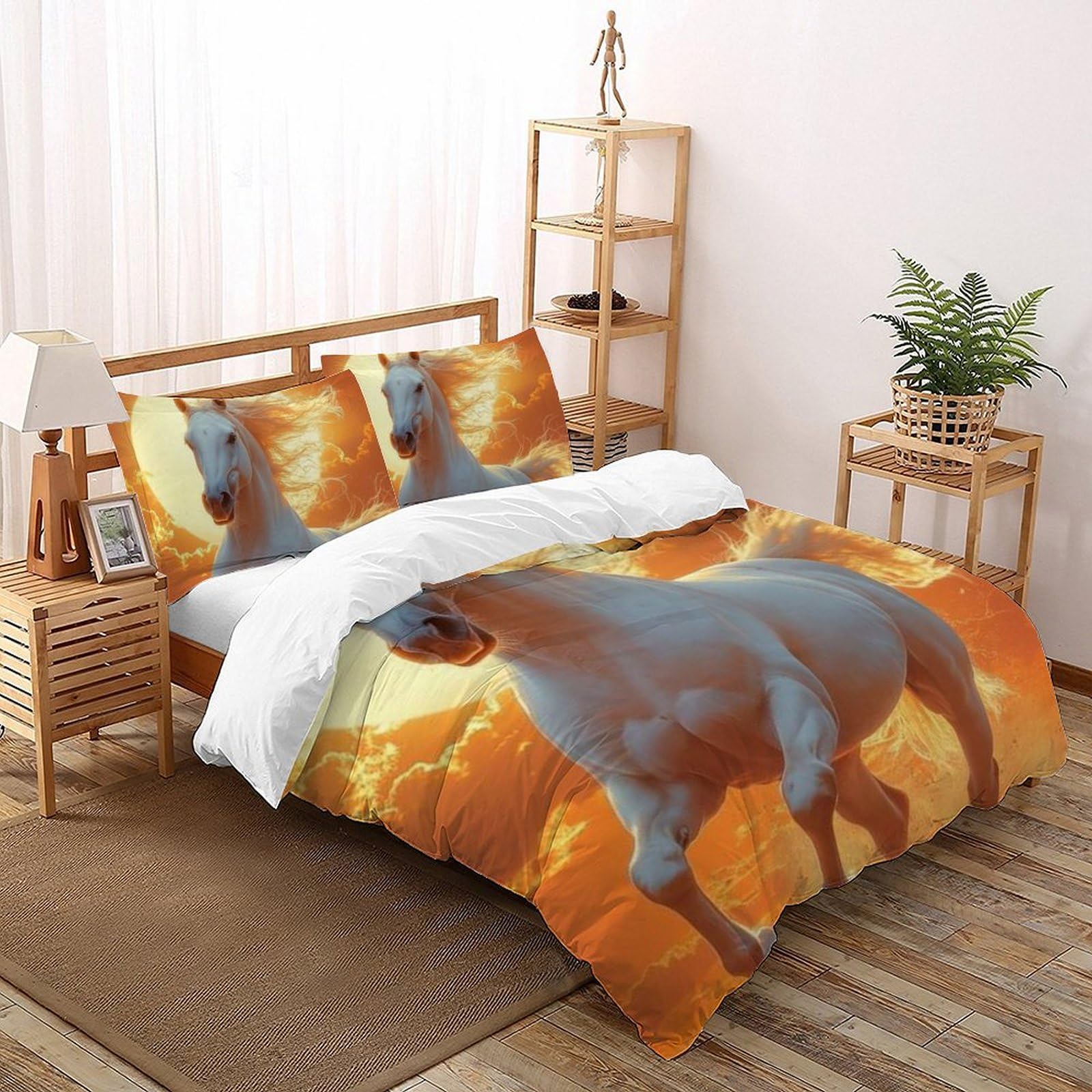 Housse de couette microfibre cheval 220x240cm anti-pli pour lit King