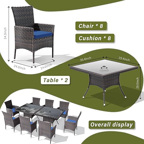 Miniatura 3 de Juego de 10 piezas de comedor para patio al aire libre, mesa de patio y sillas de ratán con agujero para paraguas, juego de mesa de comedor para 8