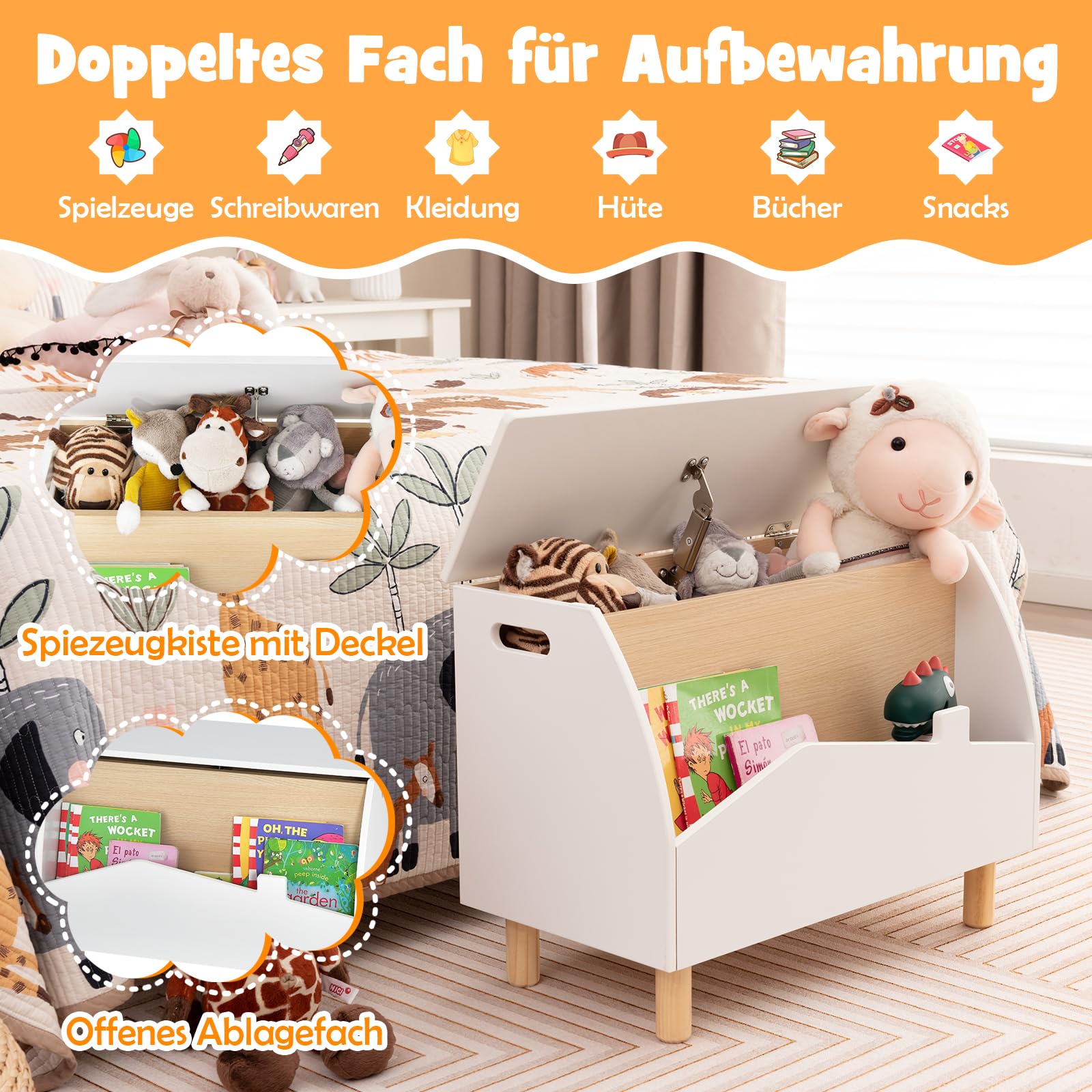 DREAMADE Kinderregal mit offener Ablage und Kiste, Spielzeug-Organizer mit Massivholzbeine, Spielzeugkiste mit Deckel für Bücher und Spielzeug, für Kinderzimmer & Kindergarten 60x30x44 cm (Weiß)