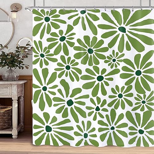 Miniatura 2 de Cortina de ducha de flores de margaritas verdes de los años 70, cortina de ducha floral abstracta para decoración de baño, 60 x 72 pulgadas con