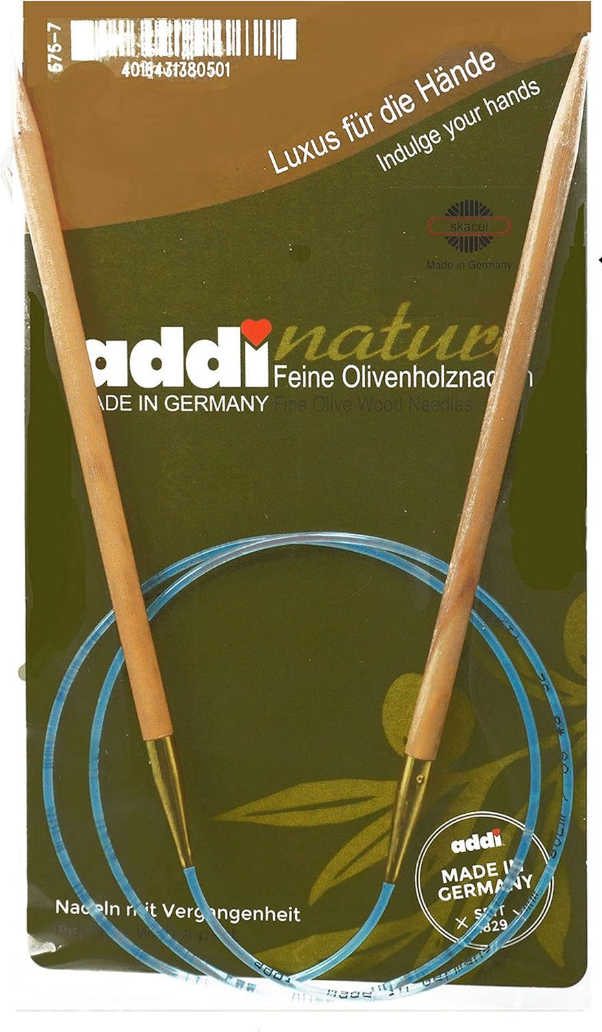 addi Olive Wood 32 inch (80cm) US 15 (10.0mm) Circular Knitting Needle, Lightweight, Warm Touch, Standard Tips, Smooth Joins, Blue Pliable Cord Markers with 10 Colorful Stitch Markers